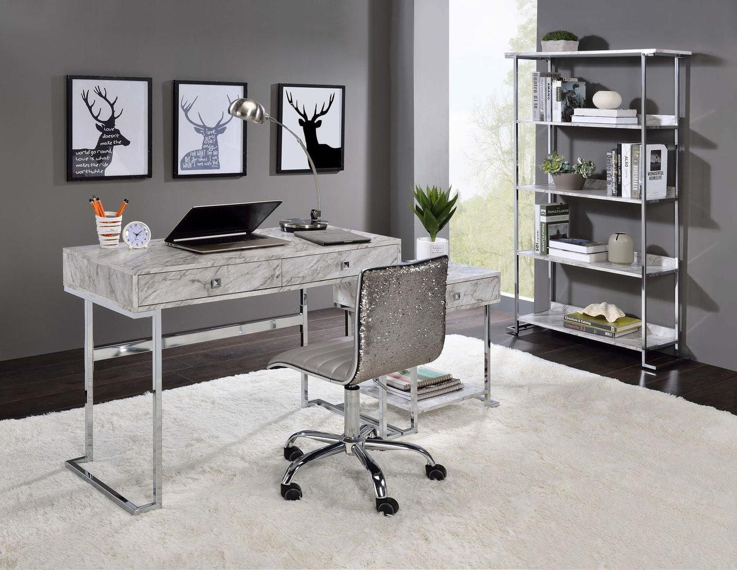 Sleek White Faux Marble Writing Desk with Chrome Frame