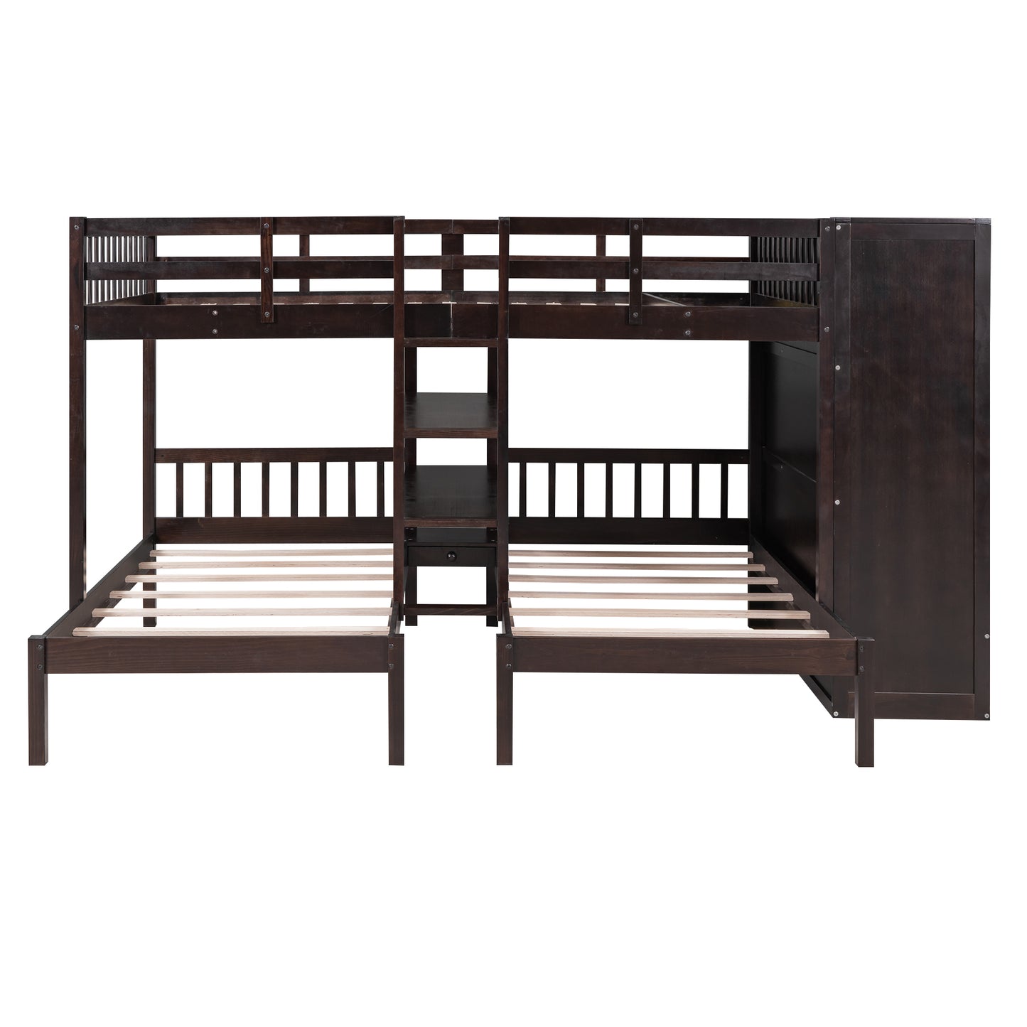 Efficient Espresso Bunk Bed with Twin Over Full, Wardrobe, Mirror, and Shelves