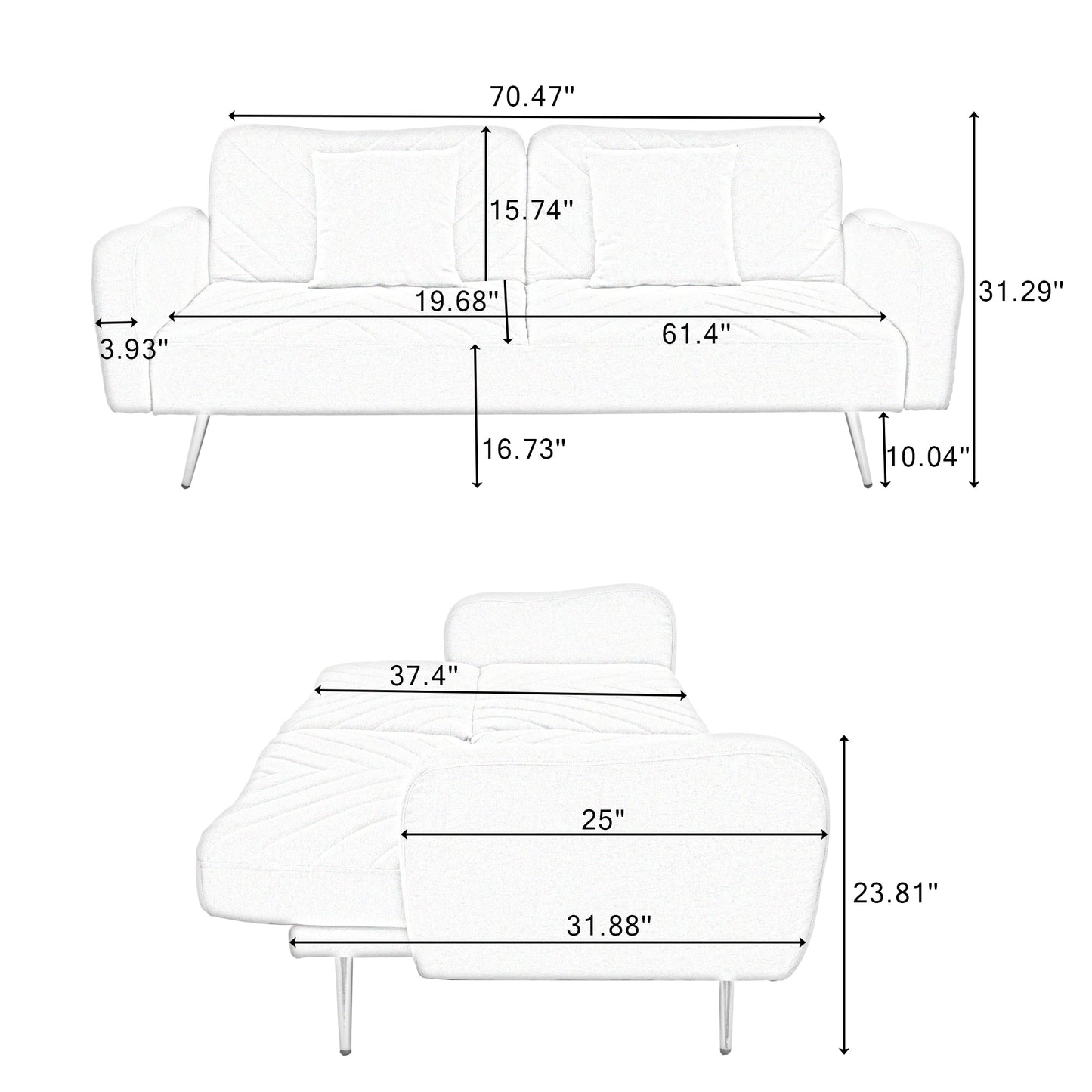 70.47 Green Fabric Double Sofa with Adjustable Split Backrest and Two Throw Pillows