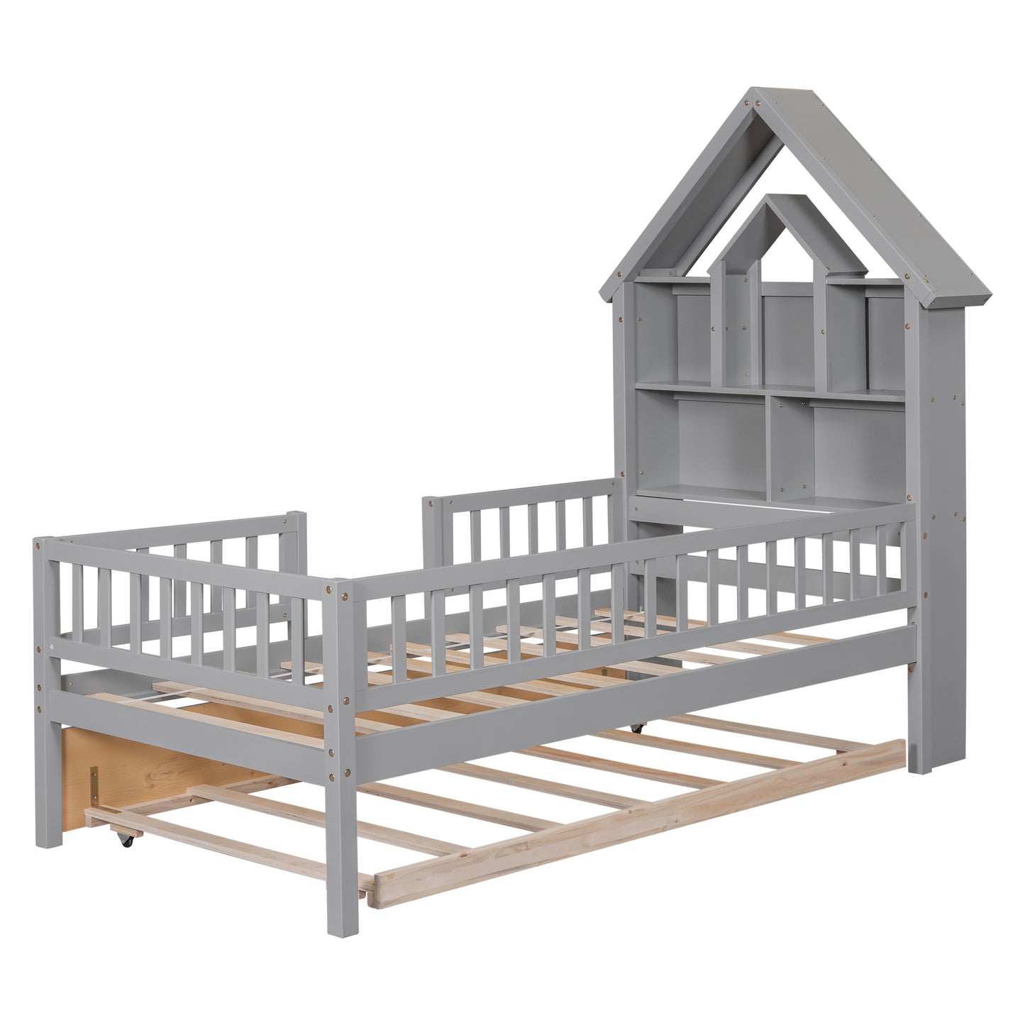 Twin Size House-Shaped Headboard with Fence Guardrails and Trundle ,Grey