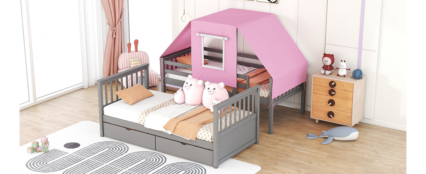 Gray and Pink Twin Over Twin Bunk Bed with Tent and Drawers for a Playful Bedroom Environment