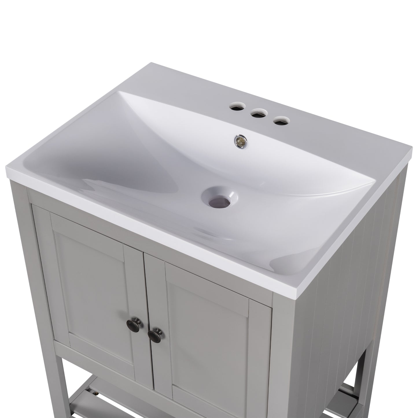 24" Grey Modern Sleek Bathroom Vanity Elegant Ceramic Sink with Solid Wood Frame Open Style Shelf