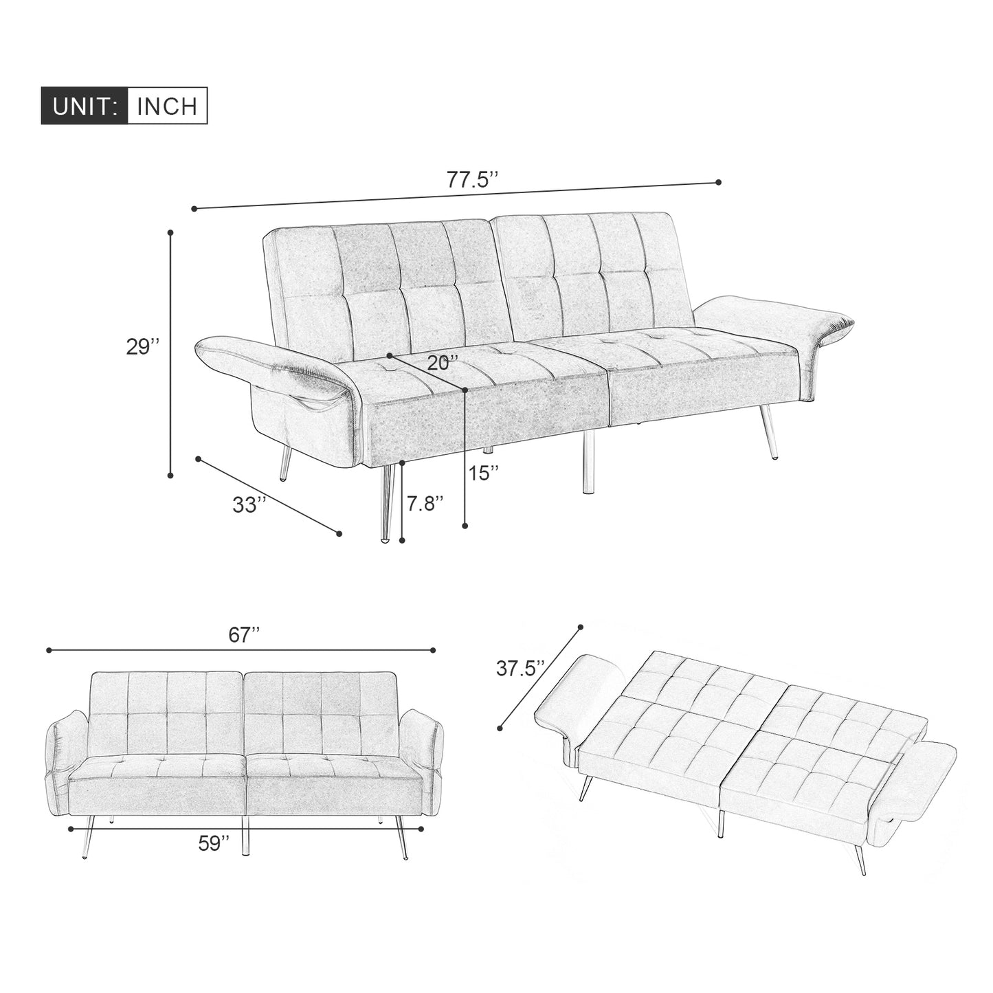 Italian Velvet Futon Sofa Bed with Folded Armrests, Storage, and 280g Velvet - Grey