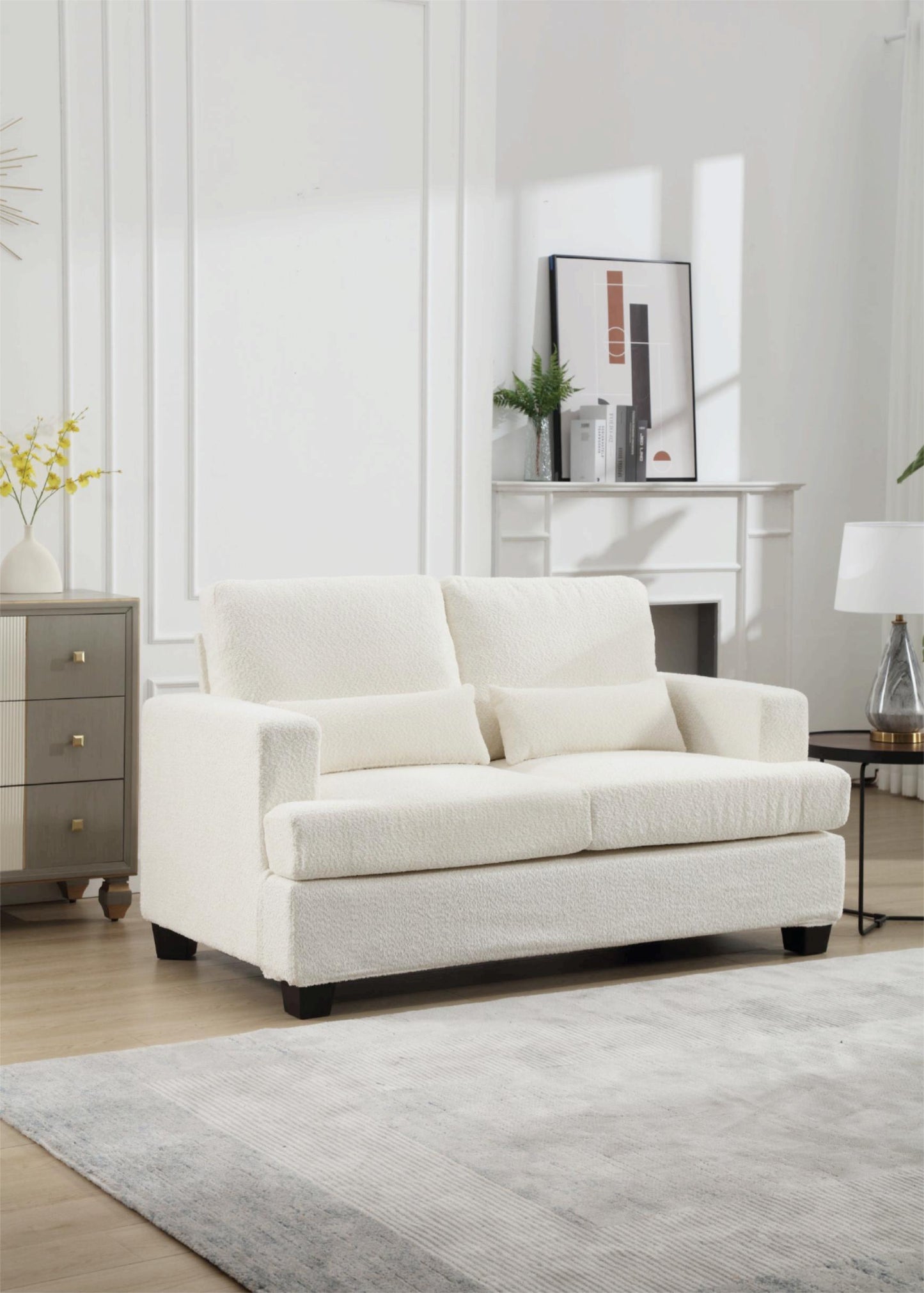 Modern 63 Loveseat for Living Room with Square Armrest and Removable Cushion Set (White & Gray Fabric)