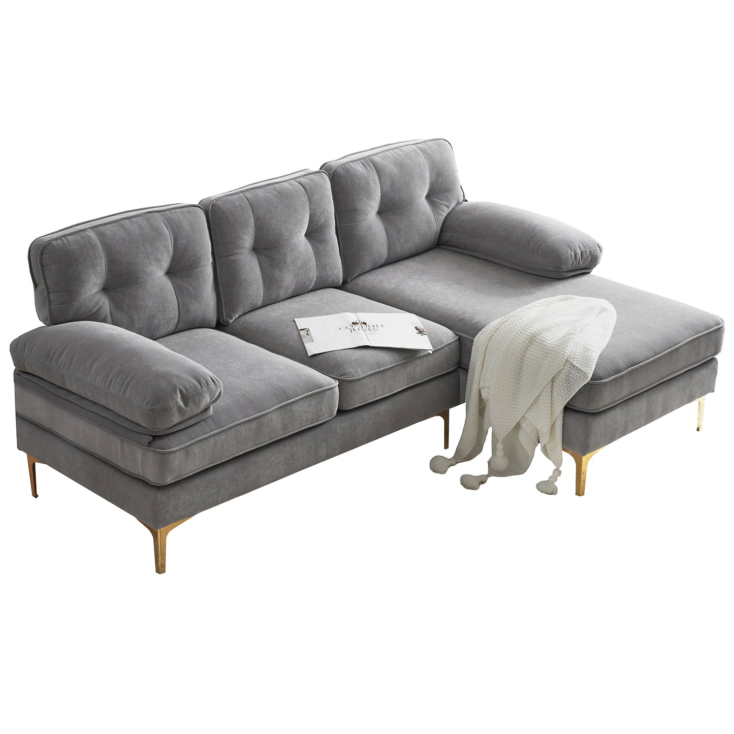 Modern Velvet L-Shaped Sectional Sofa in Light Grey