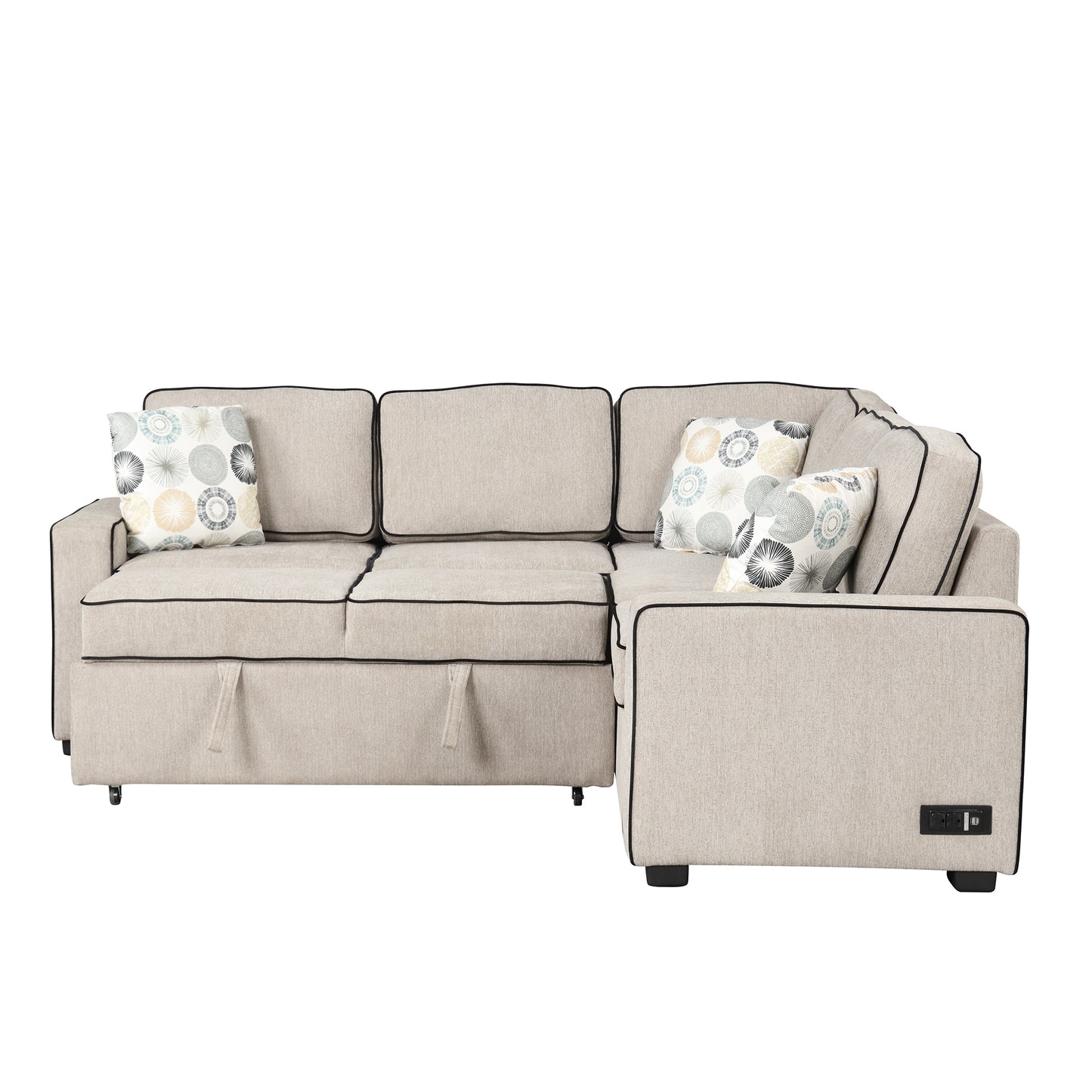 83 Cream Convertible L-Shaped Sleeper Sofa with USB Ports and Power Sockets