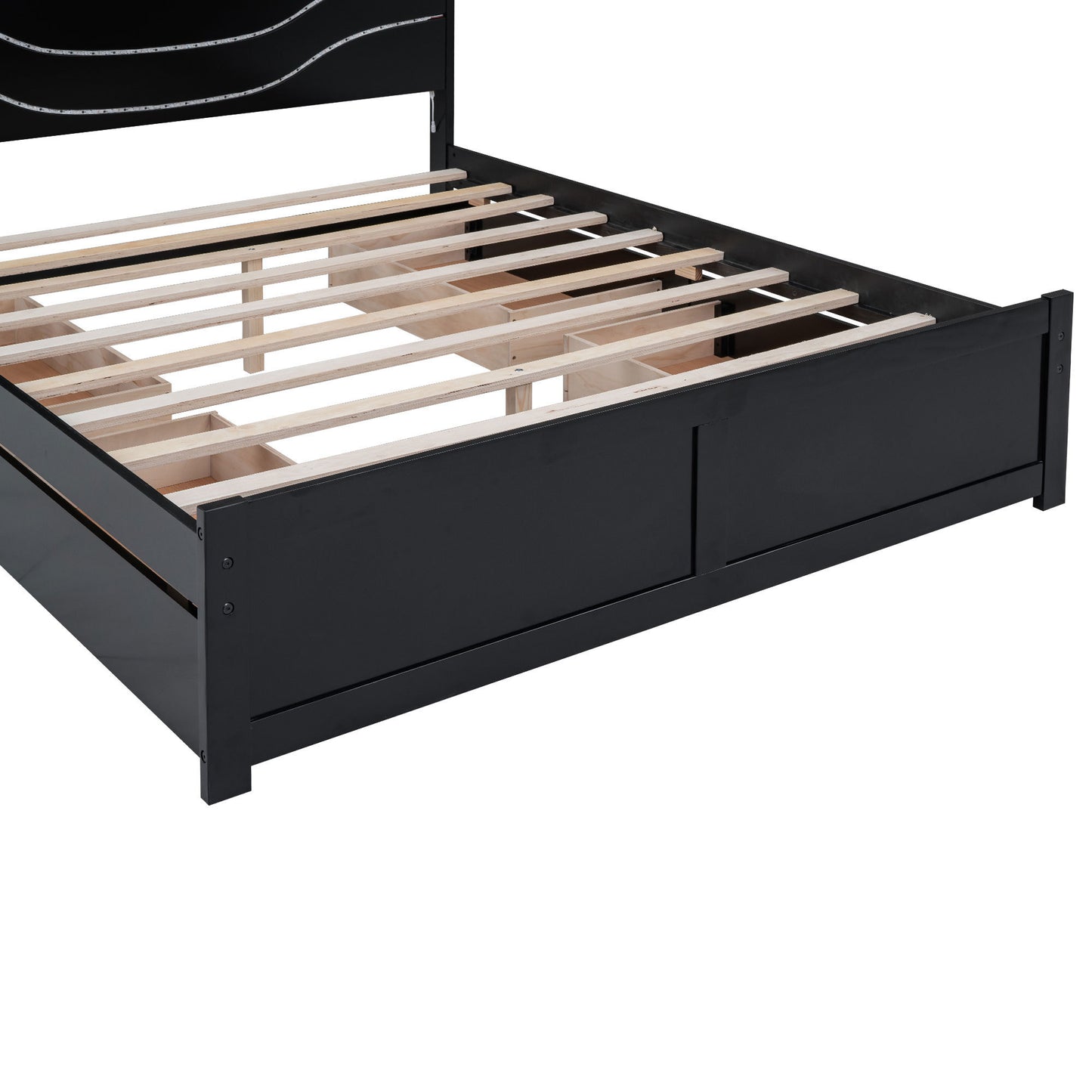 Queen Size Wood Storage Platform Bed with LED and 4 Drawers, Black