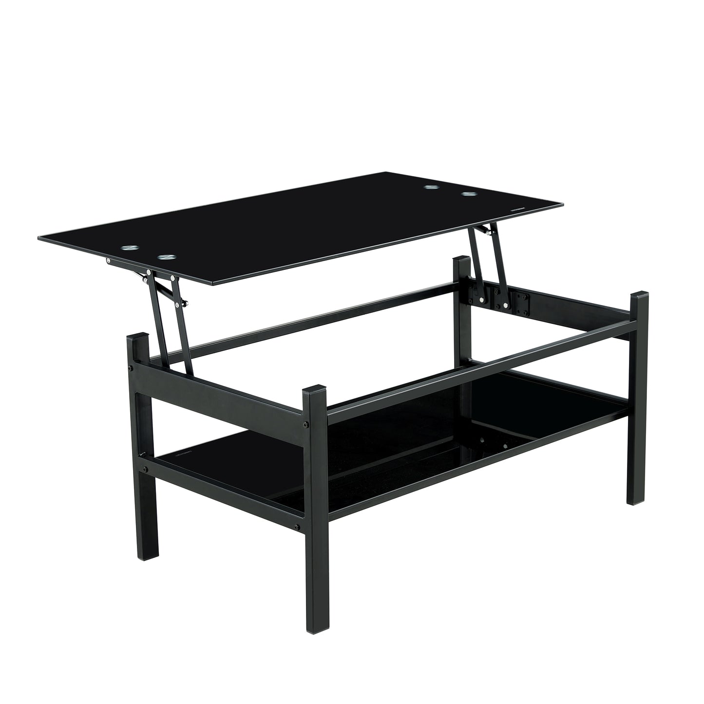 Modern Black Glass Coffee Table with Lift Top and 2-Layer Storage