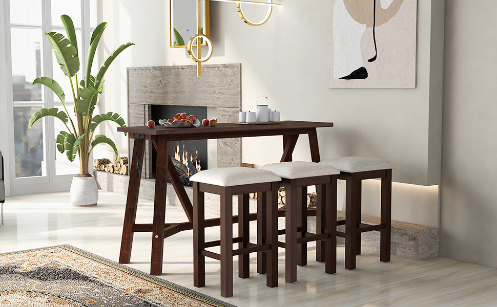 TREXM Multipurpose Home Kitchen Dining Bar Table Set with 3 Upholstered Stools(Dark Walnut)