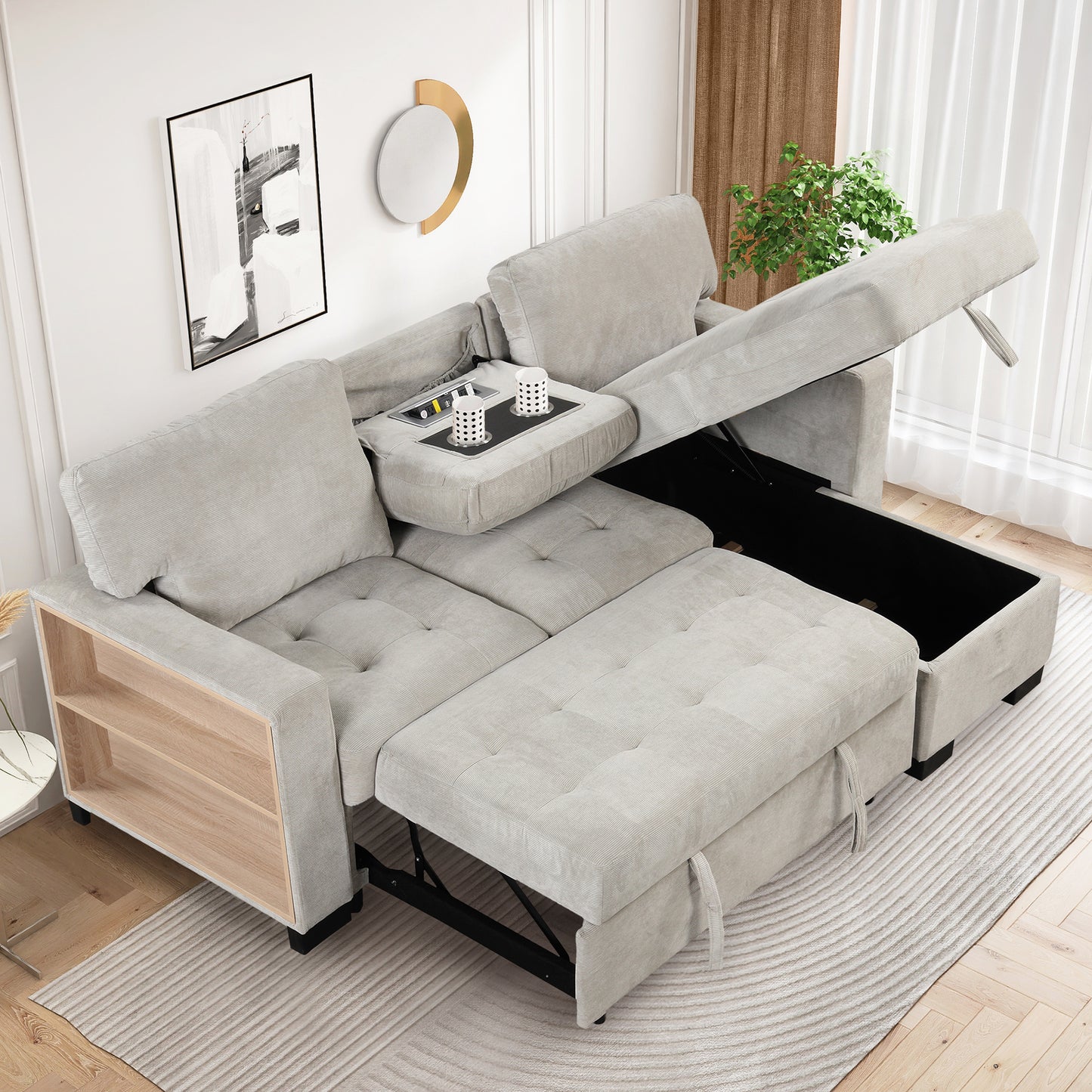 Elegant Light Gray Sectional Sofa with Versatile Storage and USB Charging