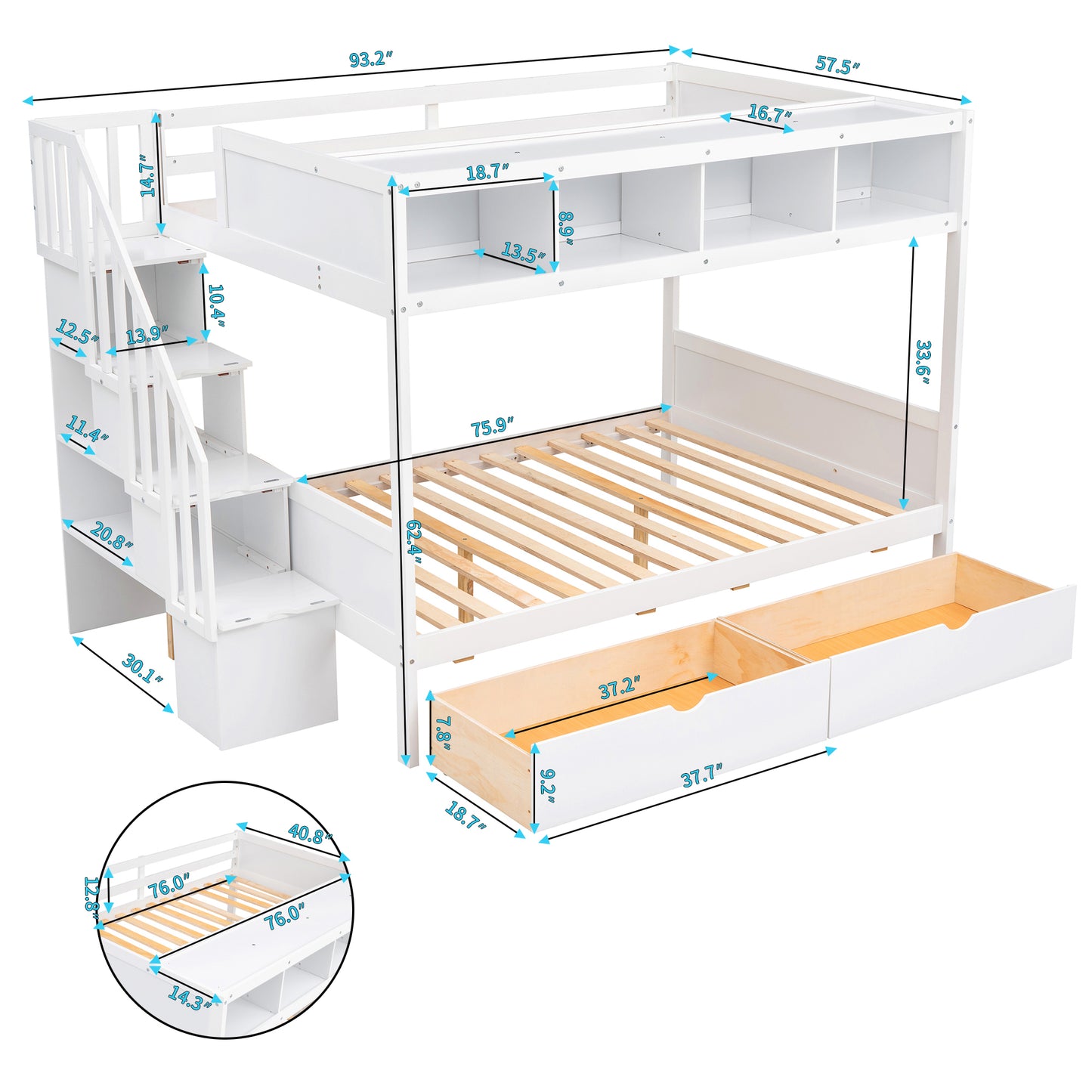 Versatile White Bunk Bed with Shelves, Storage Staircase, and Drawers