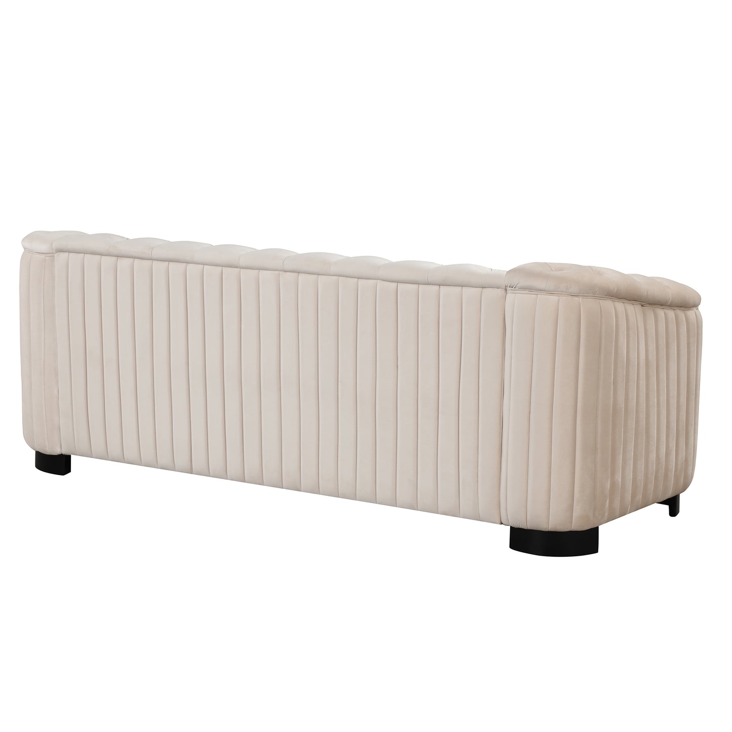 82-Inch Beige Velvet Upholstered Mid Century Modern 3-Seater Sofa with Rubber Wood Legs