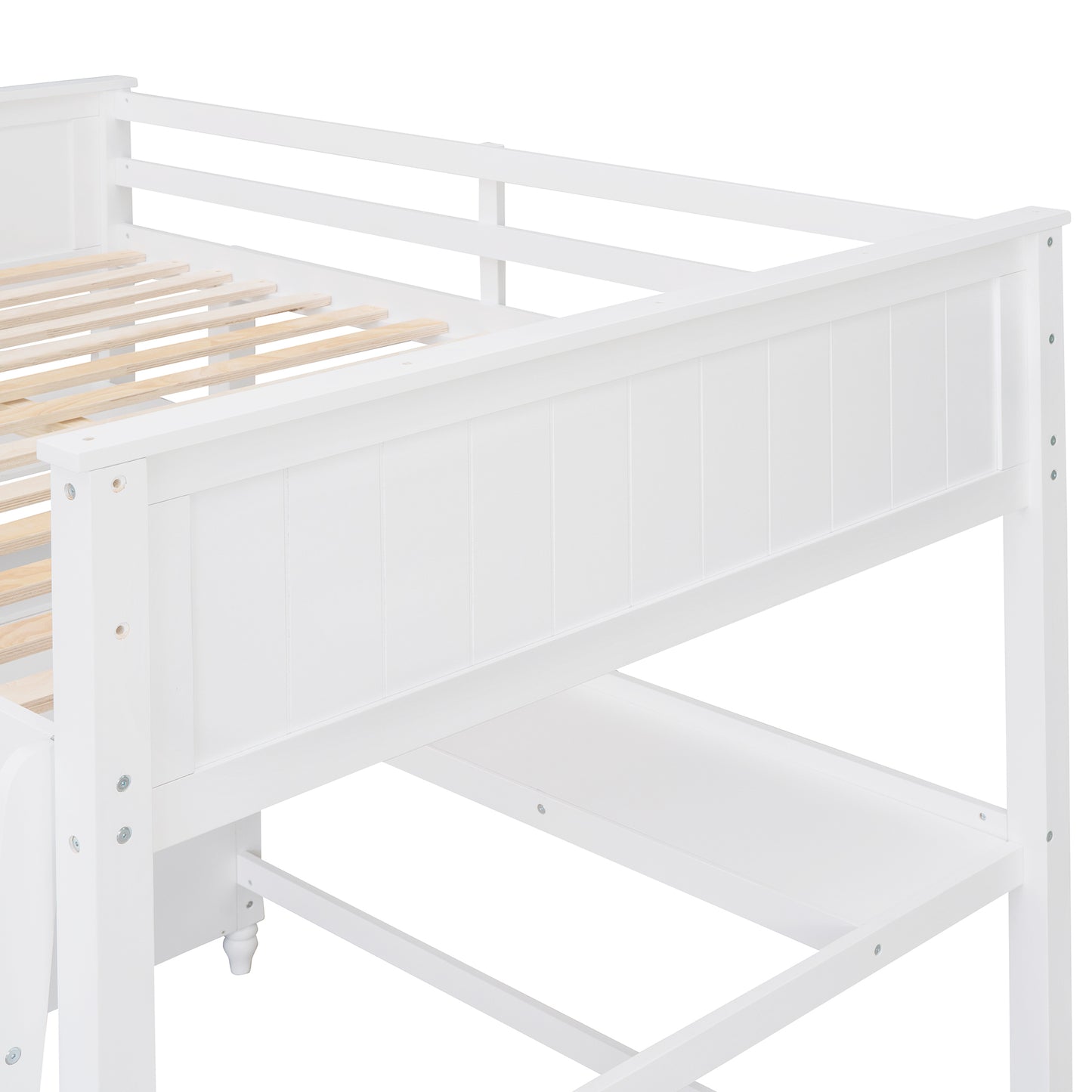 Full size Loft Bed with Drawers and Desk, Wooden Loft Bed with Shelves - White