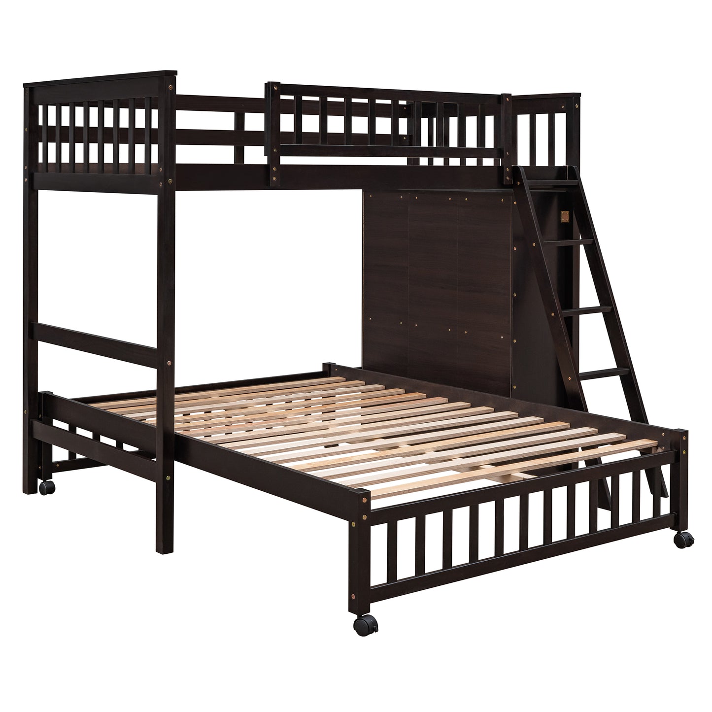 Espresso Wooden Bunk Bed with Twin Over Full, 6 Drawers, and Flexible Shelves - Versatile Solid Wood Bunk Bed with Storage and Removable Bottom Bed