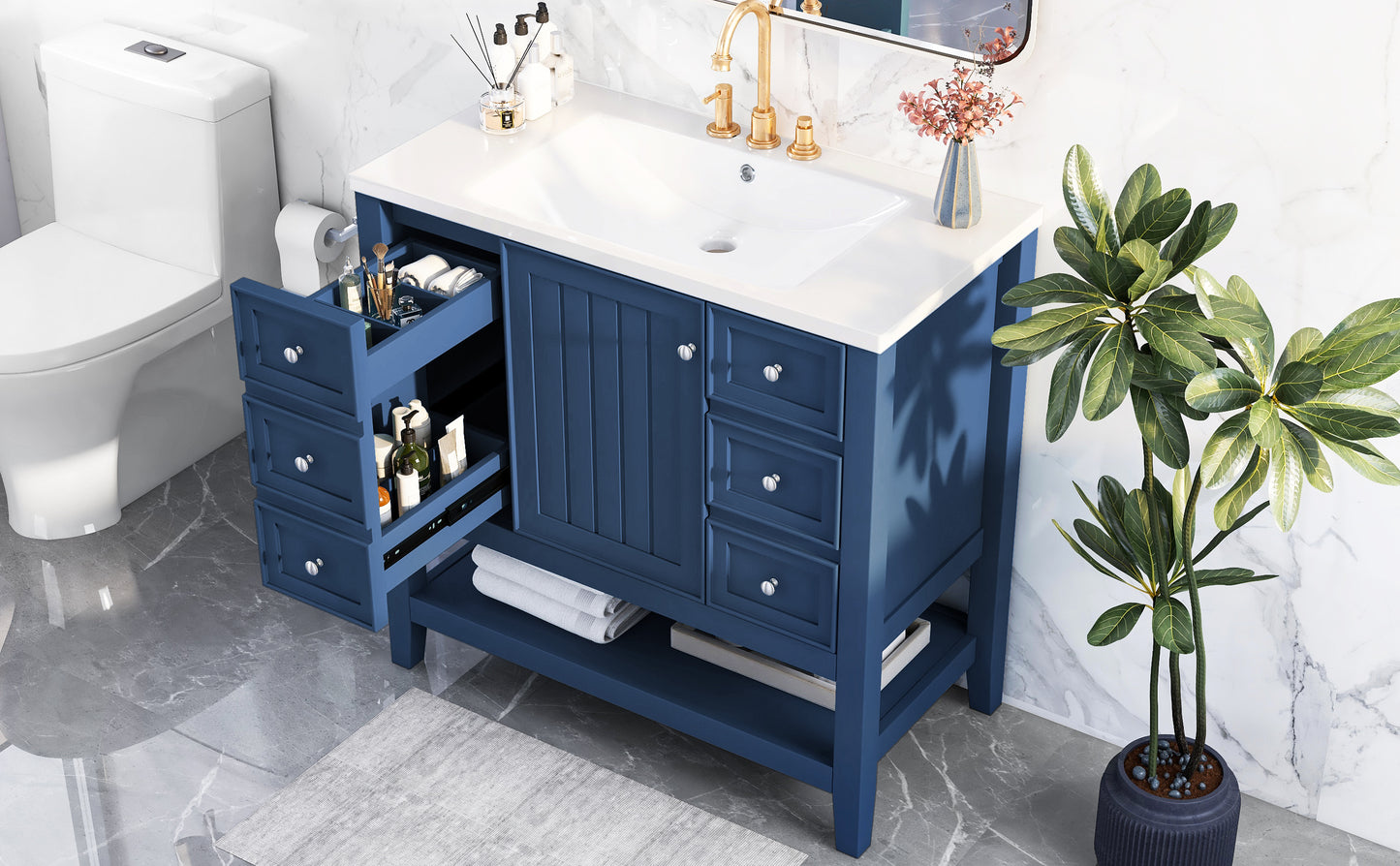 36" Bathroom Vanity with Sink Combo, One Cabinet and Three Drawers, Solid Wood and MDF Board, Blue