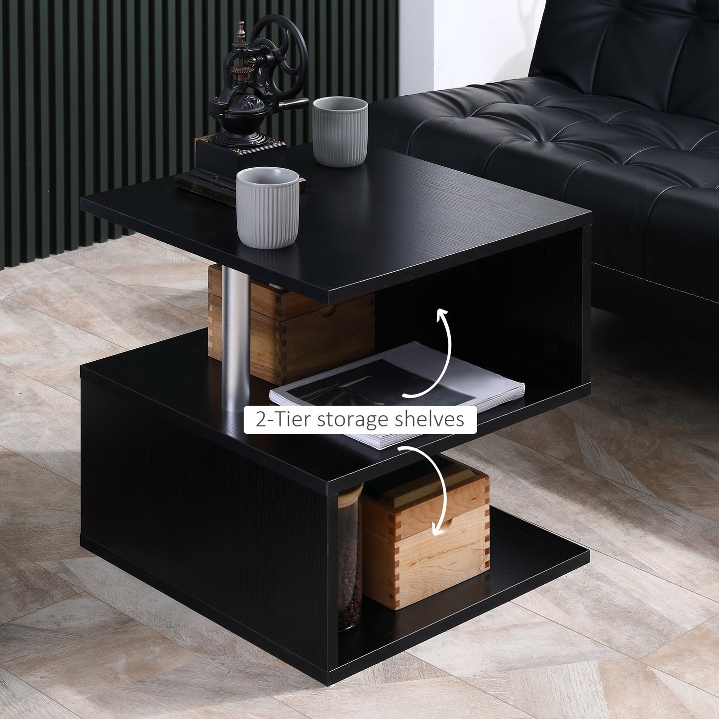 Black S-Shaped Modern Accent Table with Storage Shelf