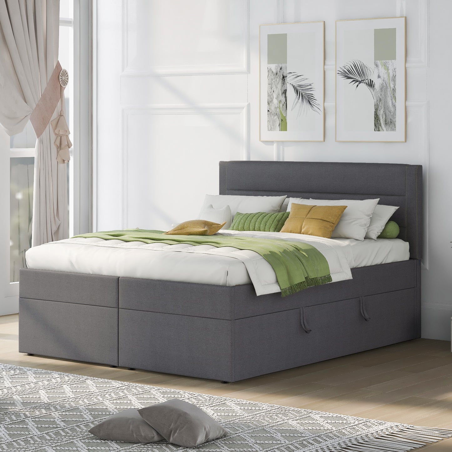 Queen Size Upholstered Platform Bed with Storage Underneath, Gray