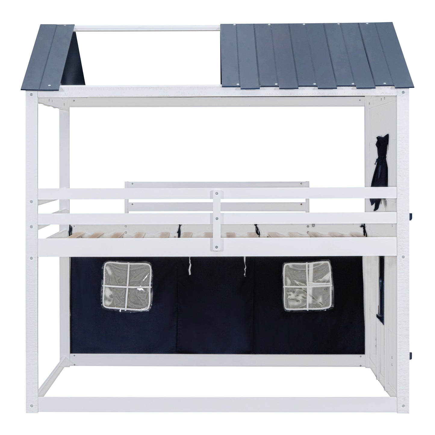 Full Size Bunk Wood House Bed with Elegant Windows, Sills and Tent,  Blue+White