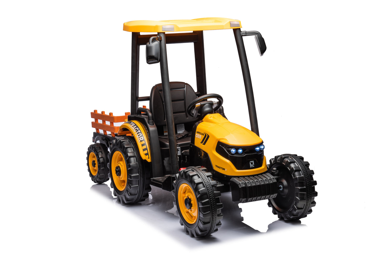 Ride-On Tractor with Trailer, 24V Battery-Powered Electric Vehicle Toy with 3-Gear-Shift Ground Loader, Treaded Tires, LED Lights, Audio, Safety Belt, Kids' Ride-On Car (Yellow)