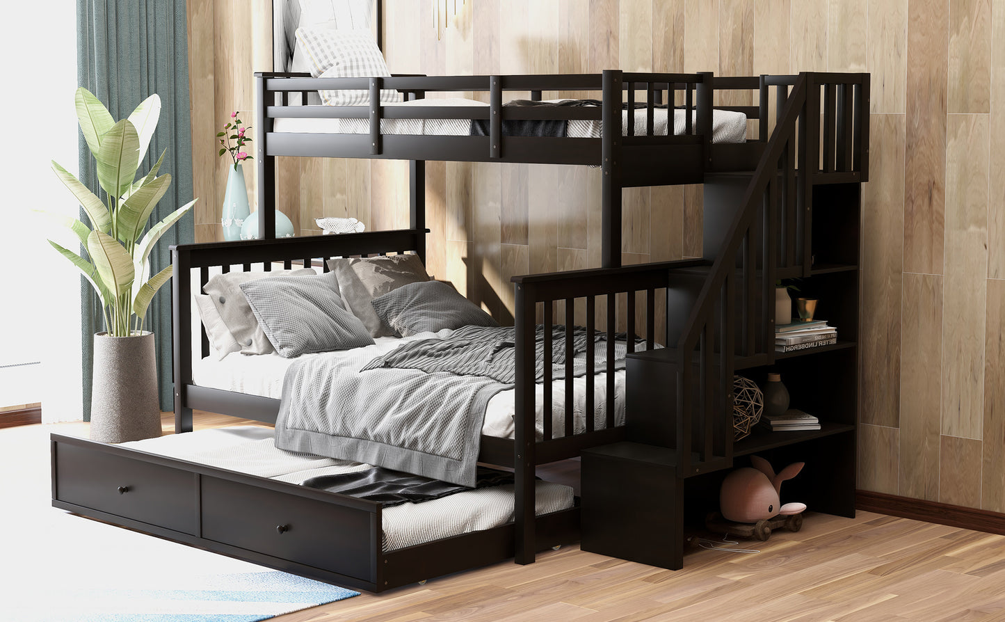 Stairway Bunk Bed with Storage, Trundle, and Guard Rail in Espresso Finish for Adults