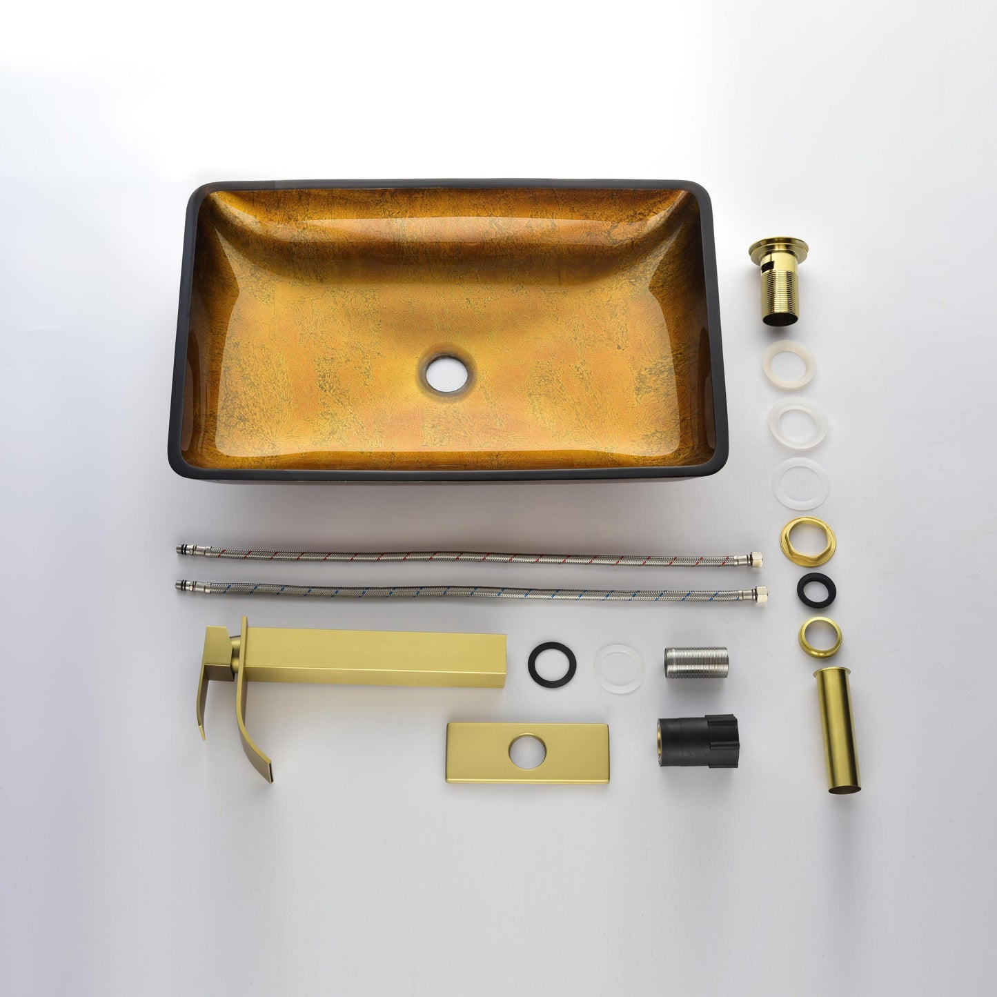 Gold Glass Rectangular Vessel Bathroom Sink Set with Faucet and Pop-Up Drain