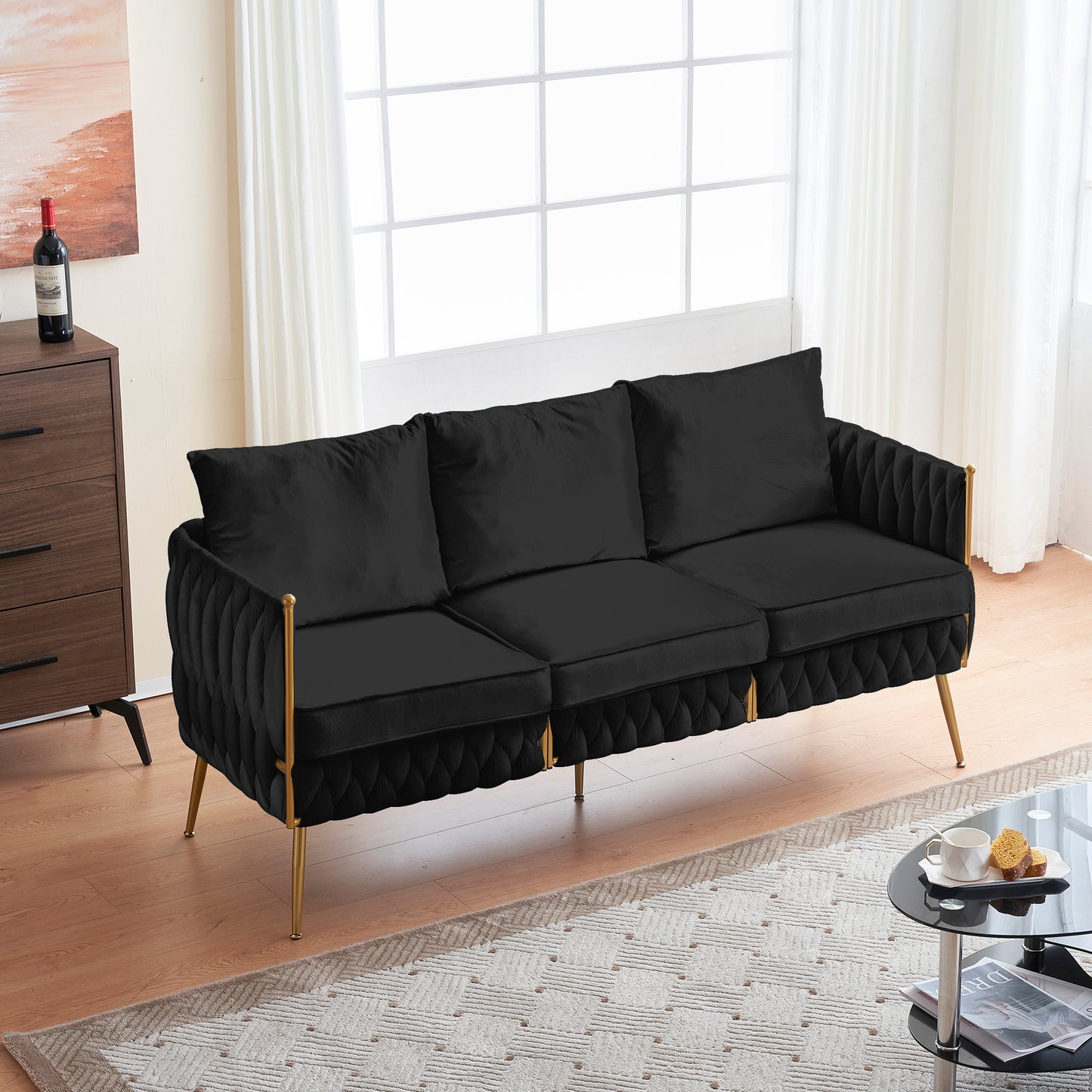 Velvet Couch Sofa for Three People , Upholstered Sofa with Stylish Woven Back, Small Comfy Couch with 3 Pillows, Modern 3-Seat Sofa with Gold Frame for Living Room , Black Velvet