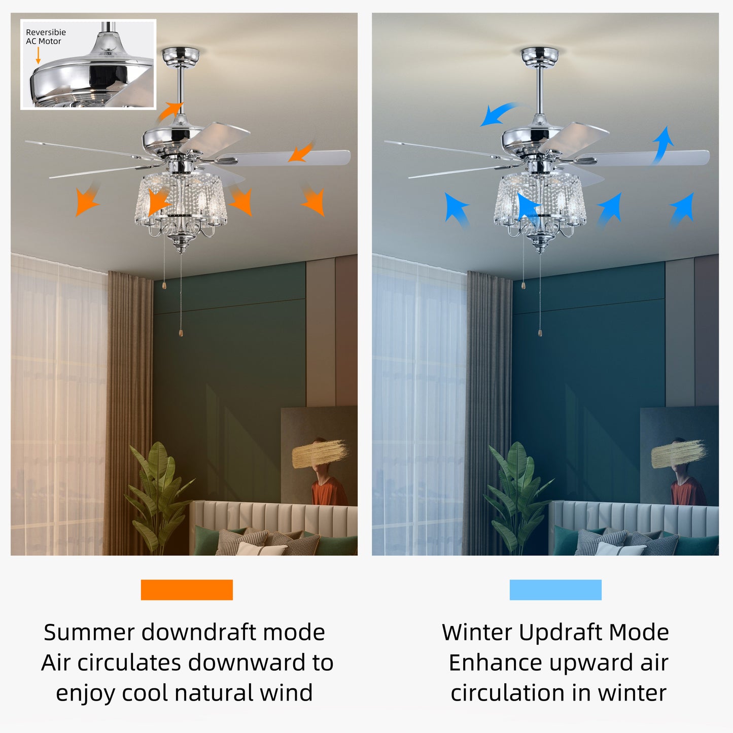 52 inch Crystal Ceiling Fan with Reversible Wood Blades and Noiseless AC Motor (Chrome)