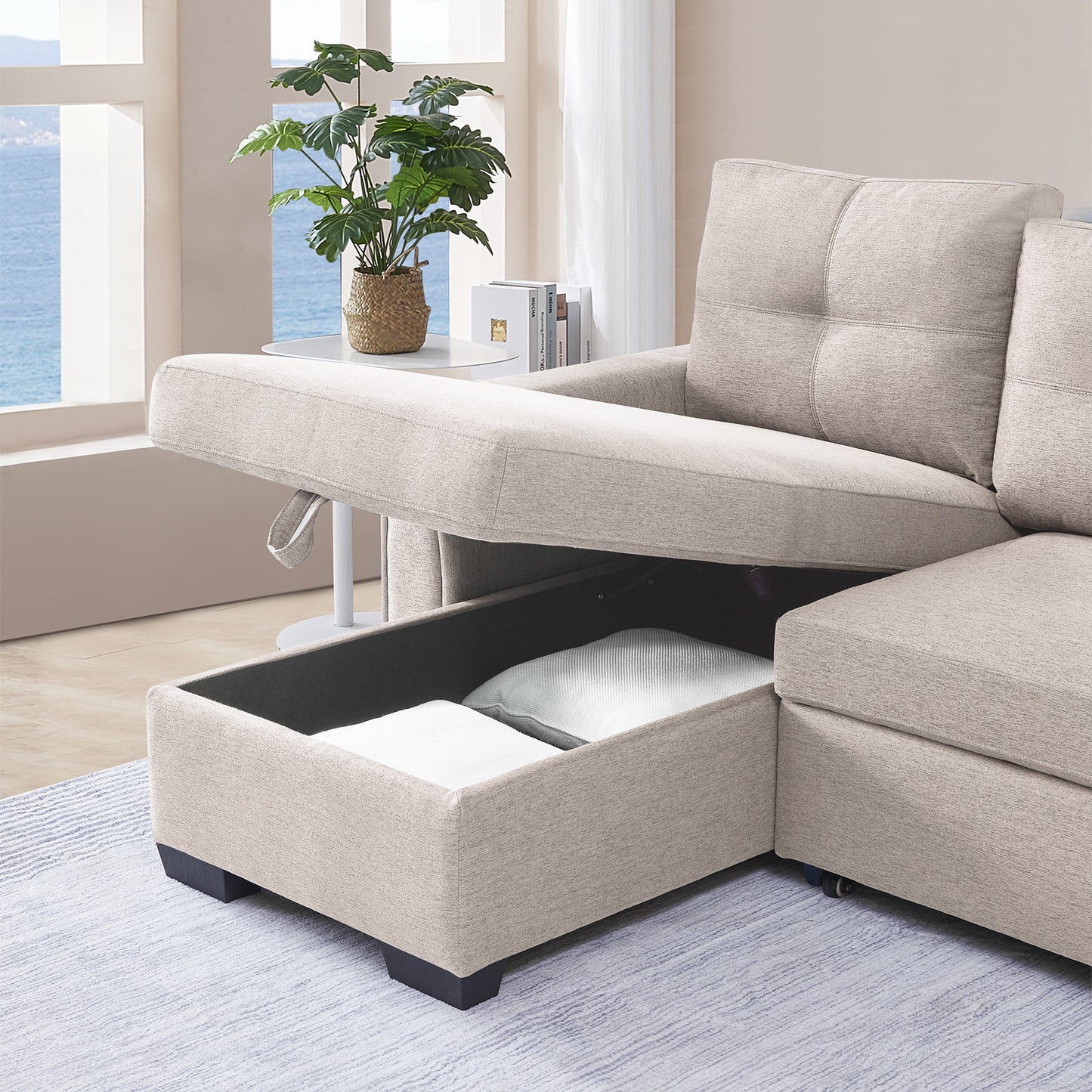 Modular Beige Fabric Sectional Sofa Bed with Storage Chaise & Convertible Sleeper