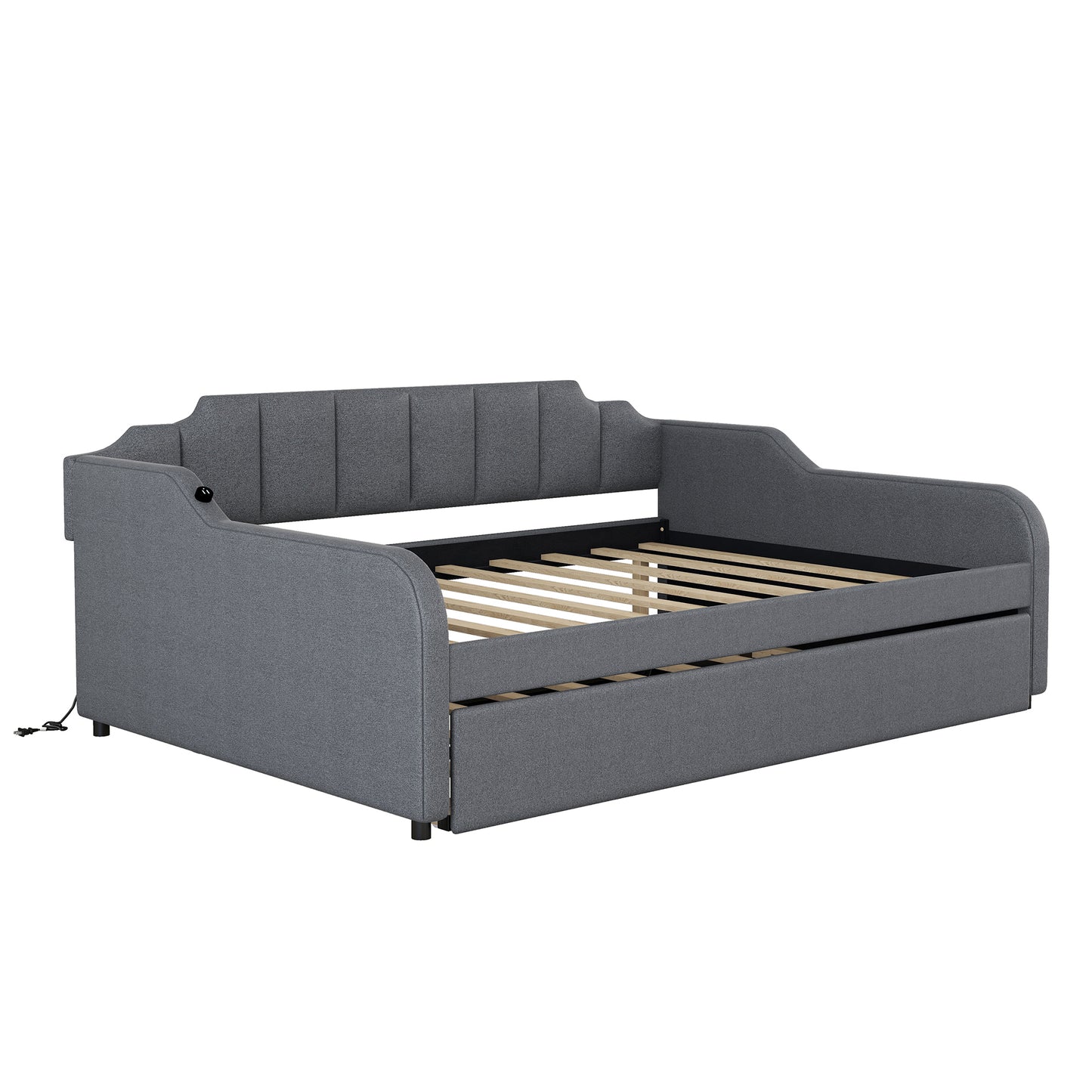 Full Size Upholstery Daybed with Trundle and USB Charging Design,Trundle can be flat or erected,Gray