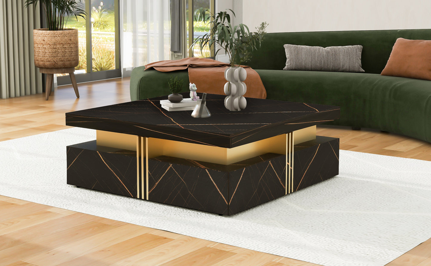 Contemporary Square Black Coffee Table with Gold Accents and Storage Drawers