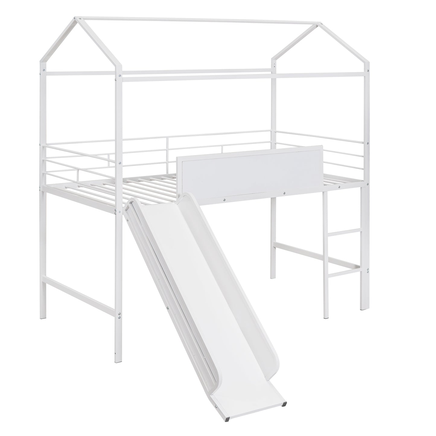 Metal House Bed With Slide, Twin Size Metal Loft Bed with Two-sided writable Wooden Board (White )