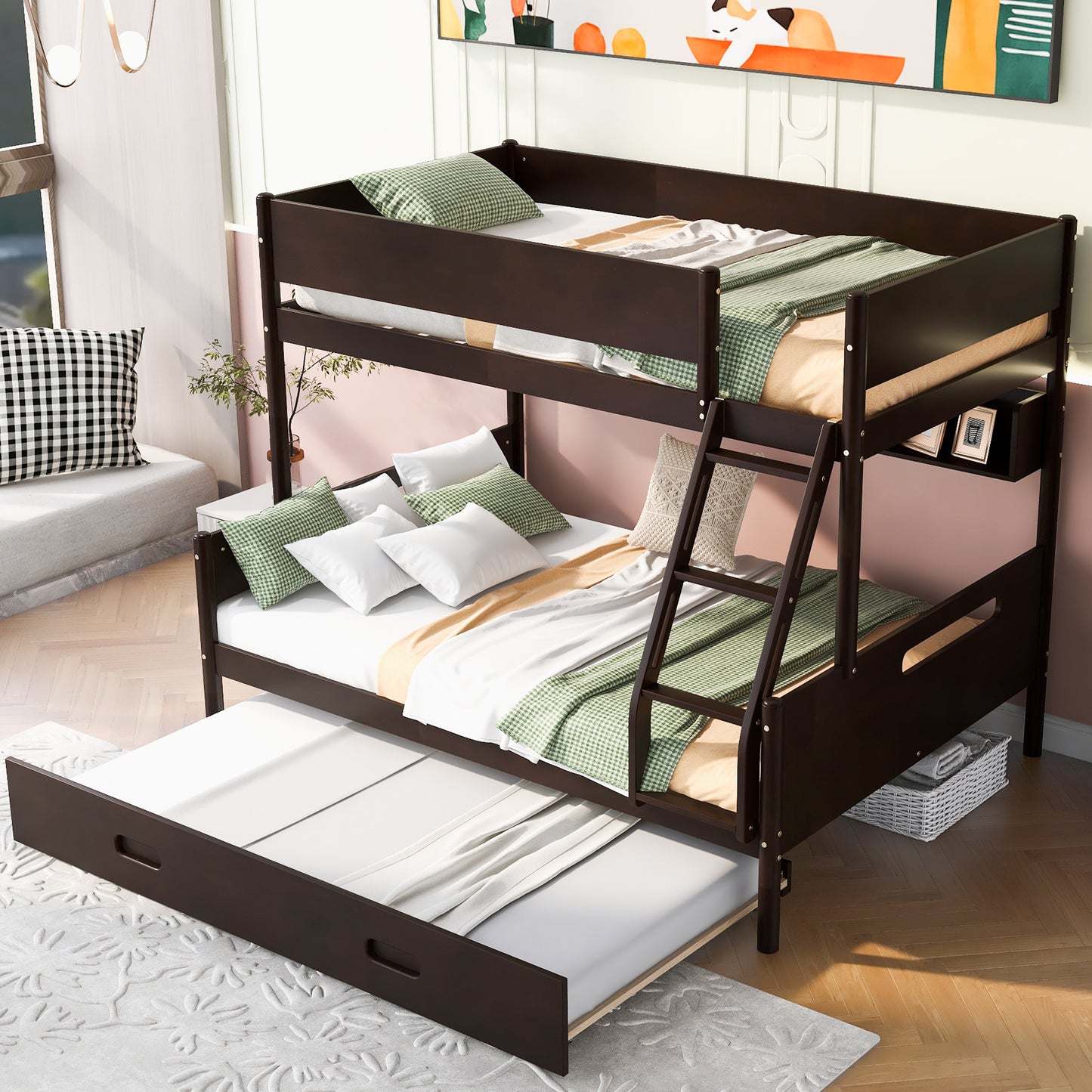 Espresso Wood Bunk Bed with Twin Over Full, Storage Shelves, Trundle, and Sturdy Construction