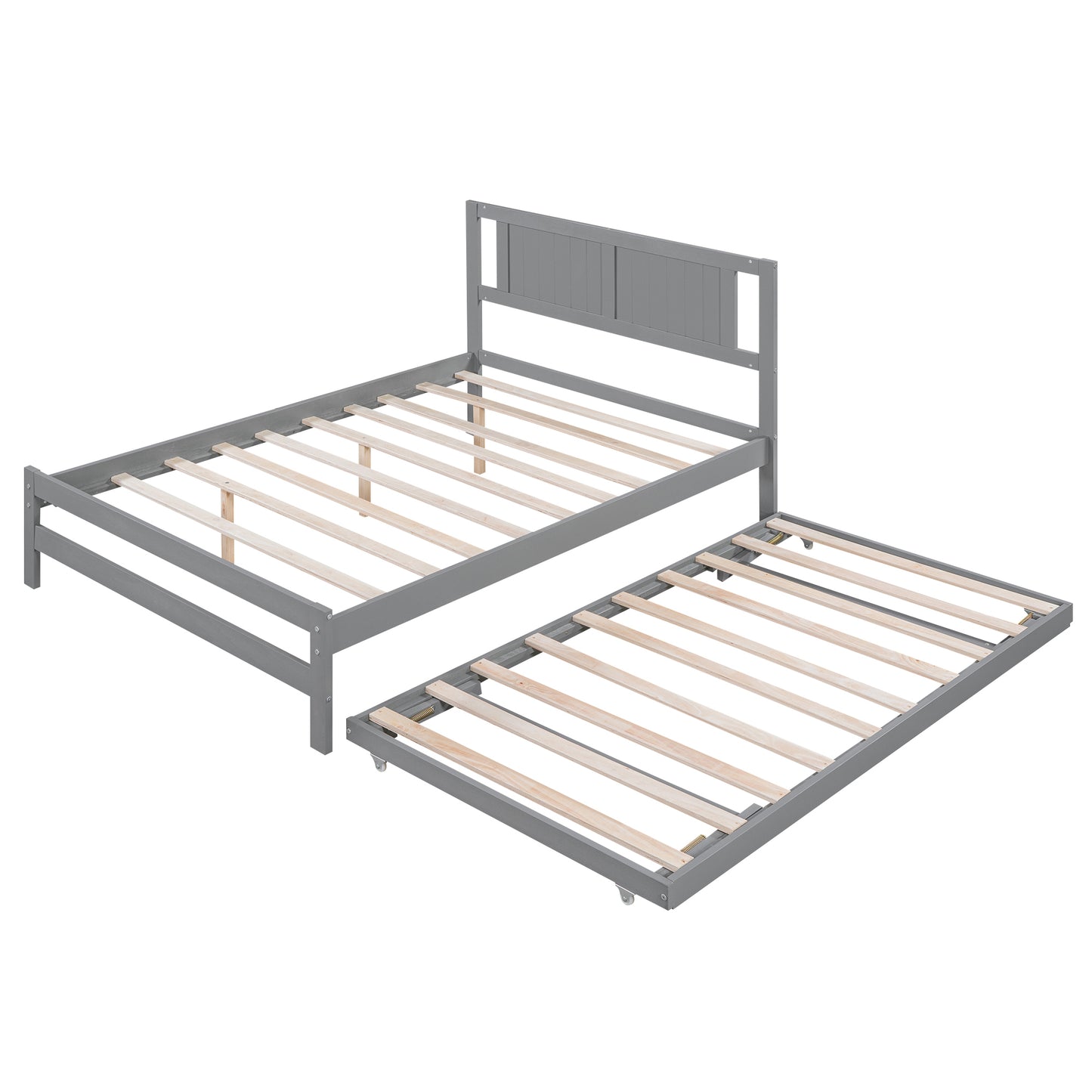 Full Size Platform Bed with Adjustable Trundle,Gray