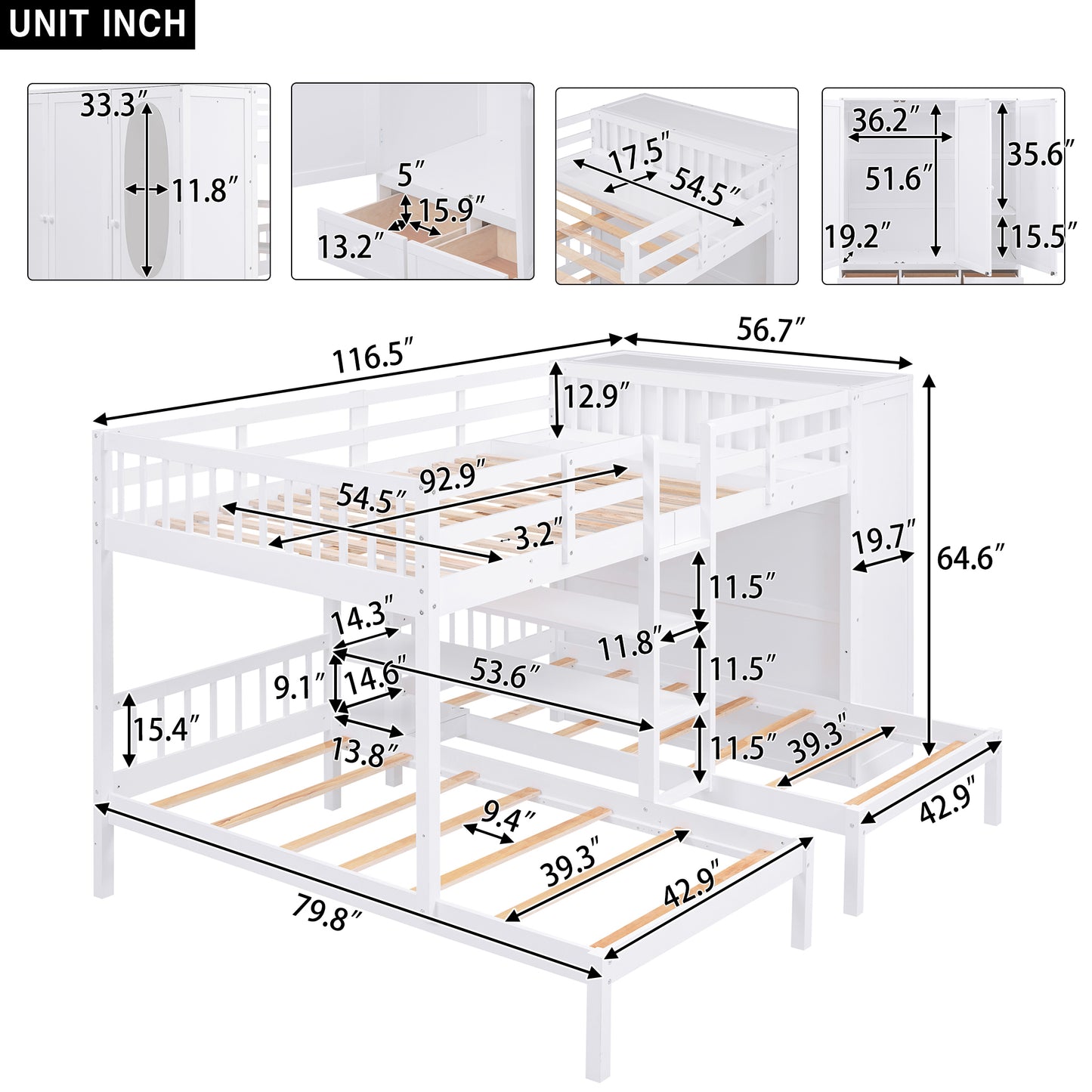 Triple Bunk Bed with Shelves, Wardrobe, and Mirror in White - Space-Saving Family Bunk Bed