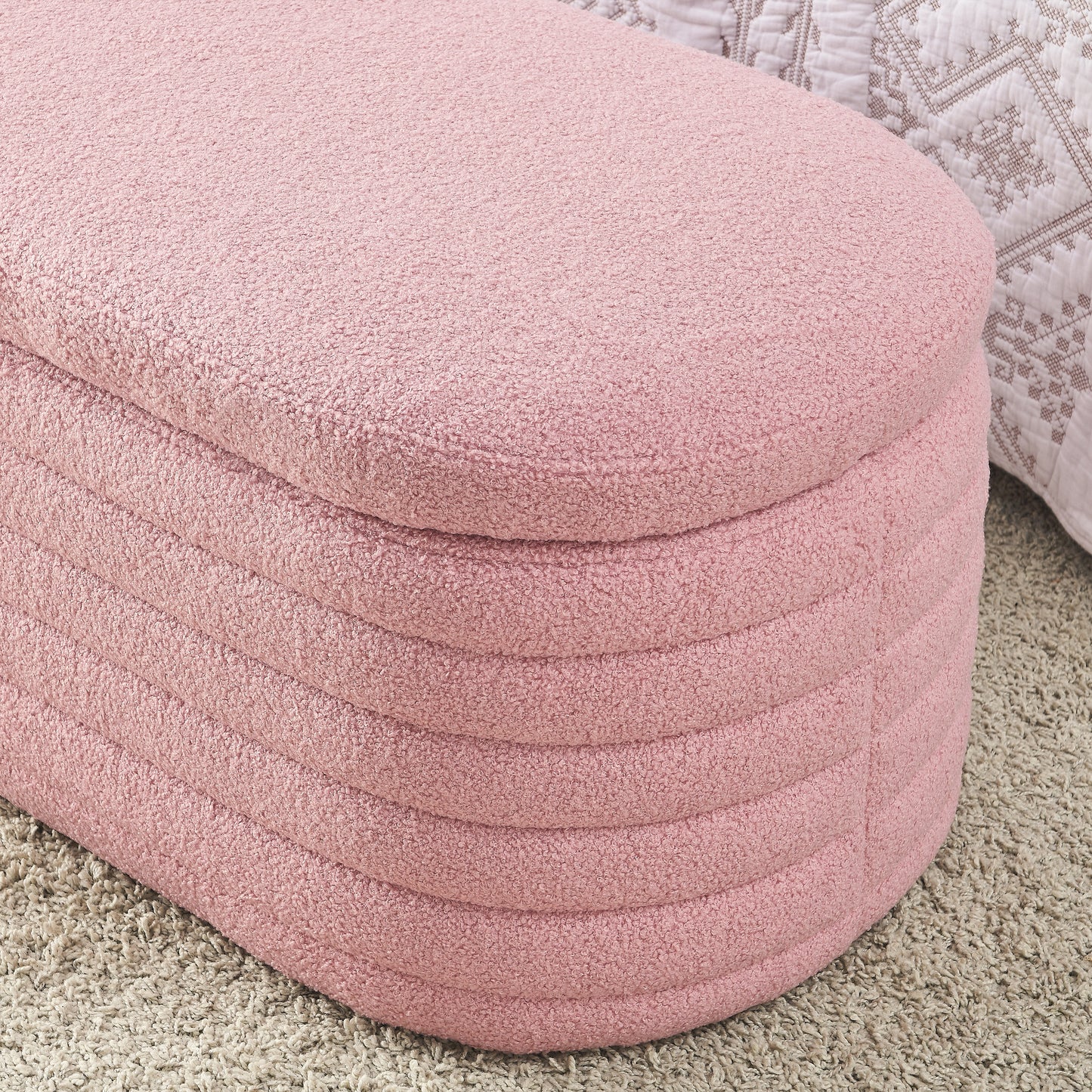 [Video] Welike Length 45.5 inchesStorage Ottoman Bench Upholstered Fabric Storage Bench End of Bed Stool with Safety Hinge for Bedroom, Living Room, Entryway, pink teddy.