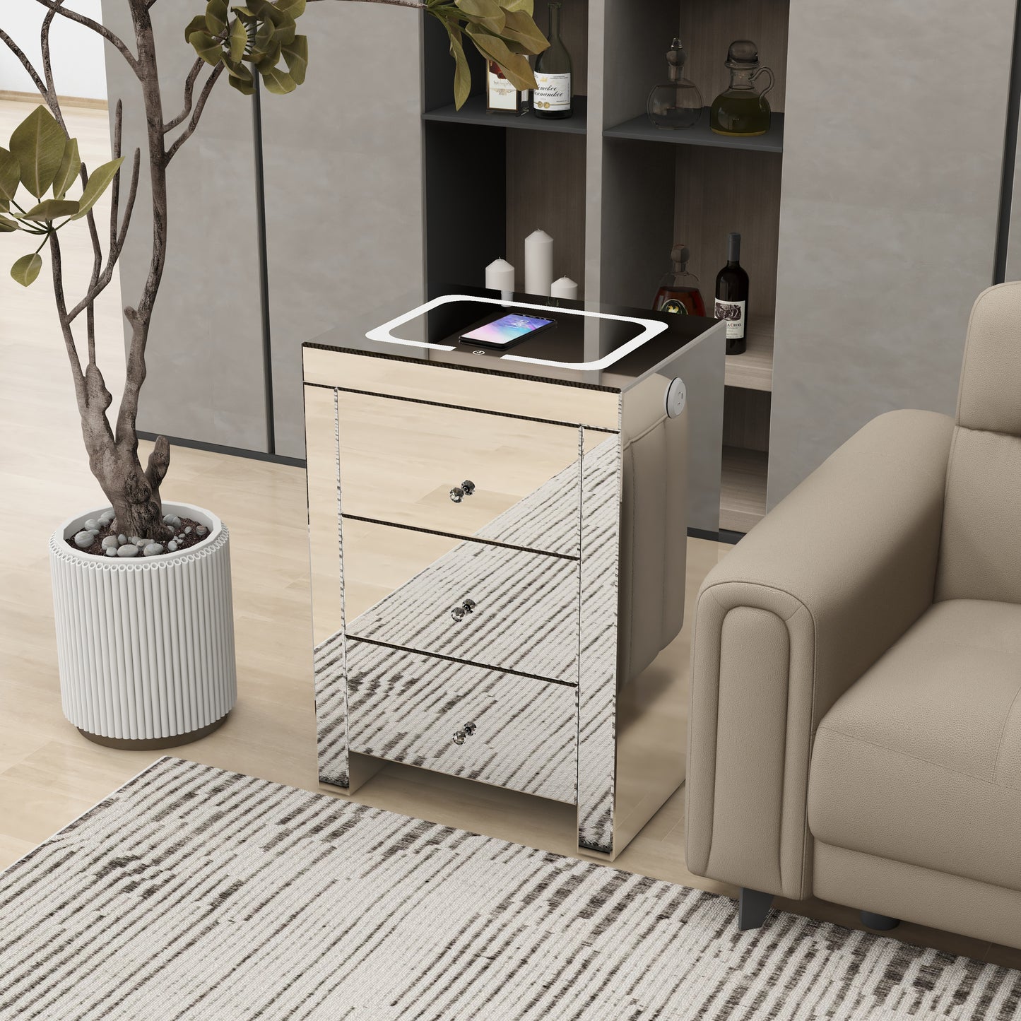 Silver glass nightstand for living room, shining bedside table with wireless charging and charging ports