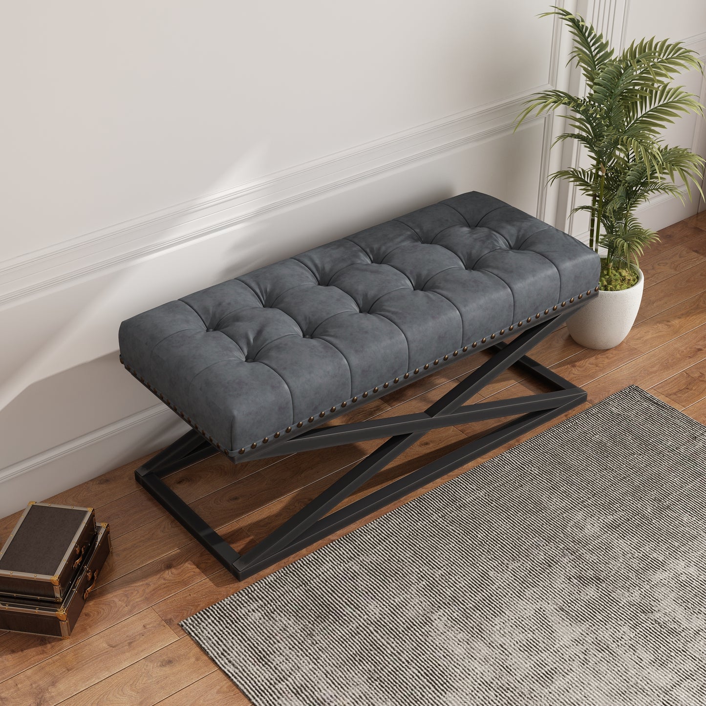 44" Retro Metal Base with Vintage Vegan Leather Bed Bench (Dark grey)