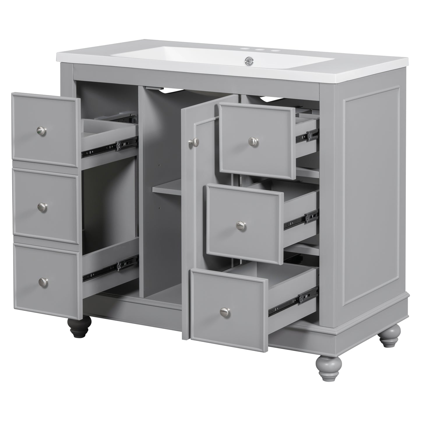 Contemporary Gray Bathroom Vanity Cabinet - 36x18x34 inches, 4 Drawers & 1 Cabinet Door, Multipurpose Storage, Resin Integrated Sink, Adjustable Shelves, Solid Wood Frame with MDF