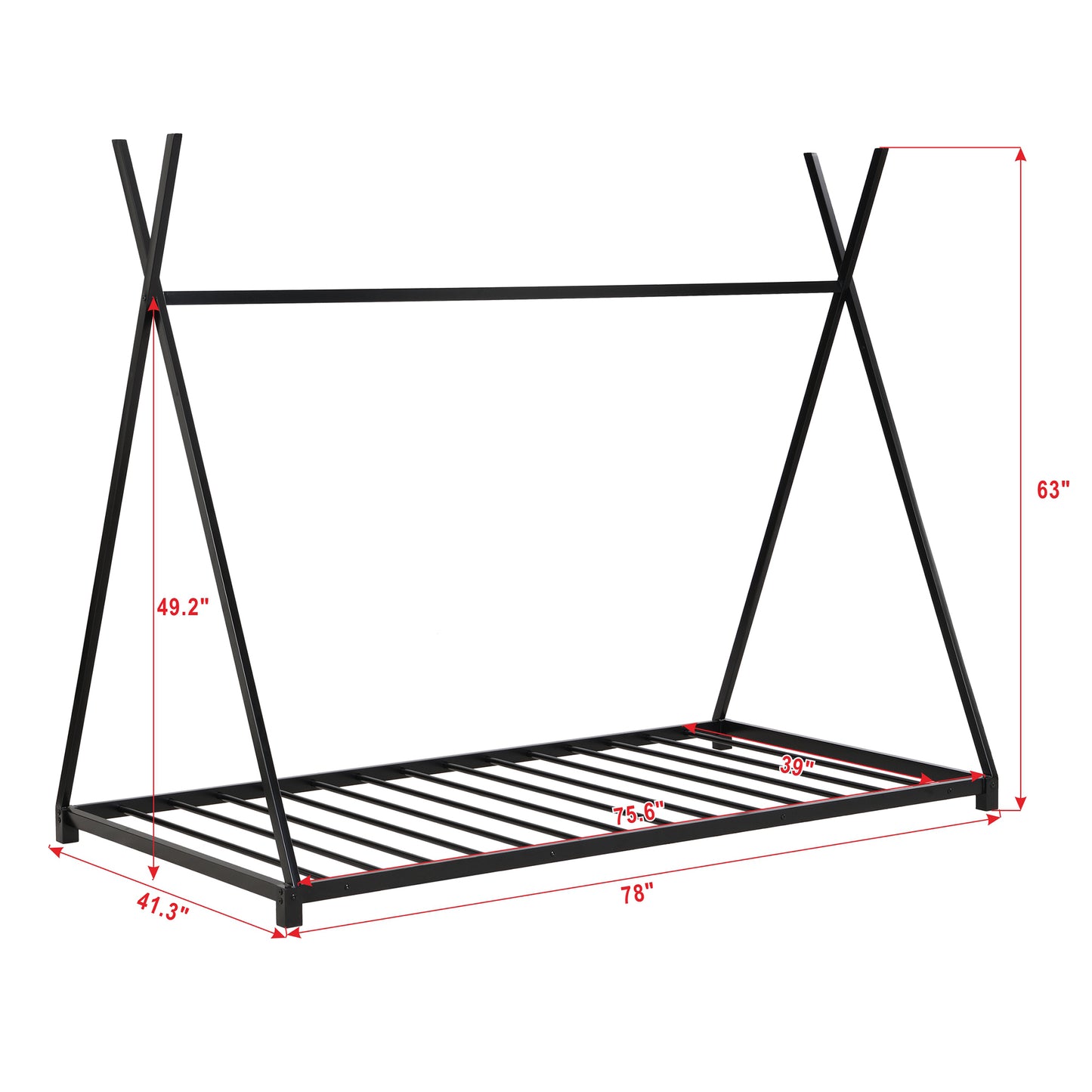 Metal Twin Size House Platform Bed with Triangle Structure, Black