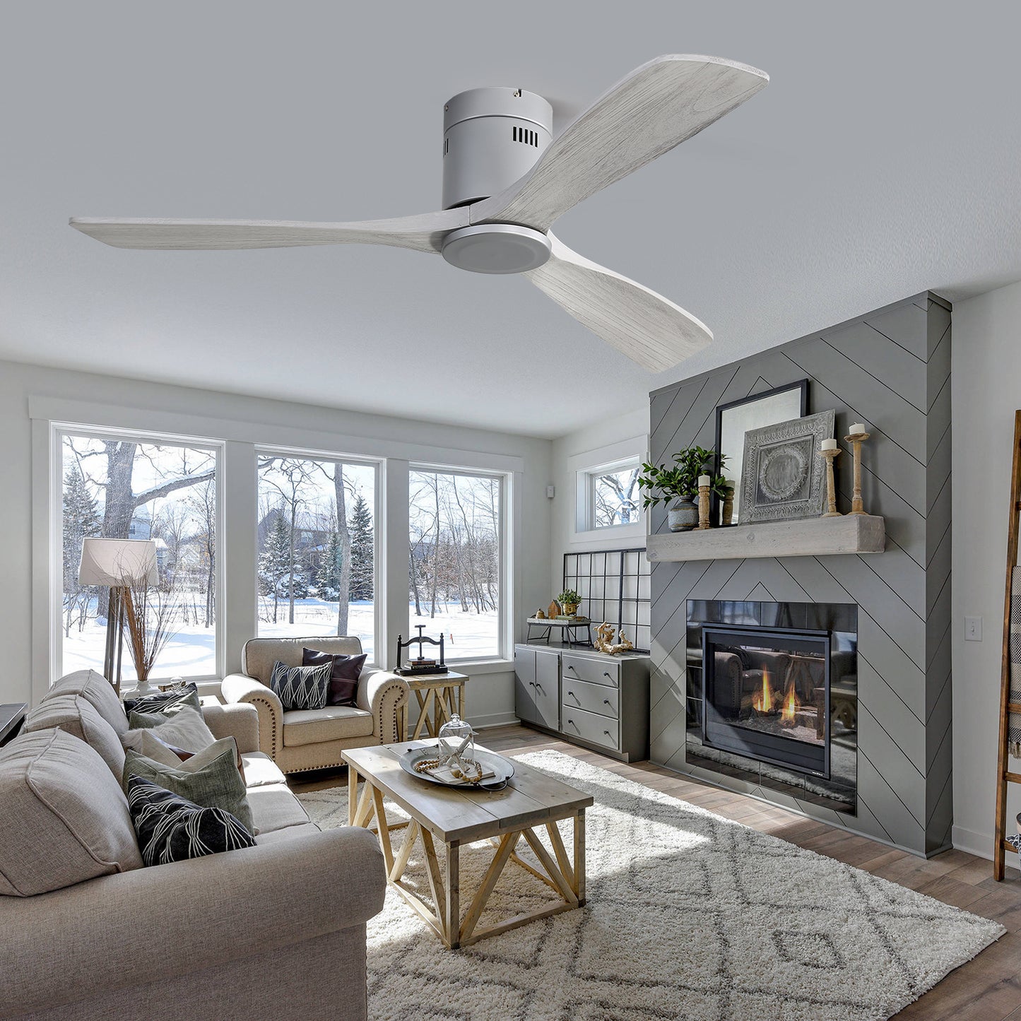 52 Modern Wood Blade Ceiling Fan with Remote Control - Noiseless Reversible Motor