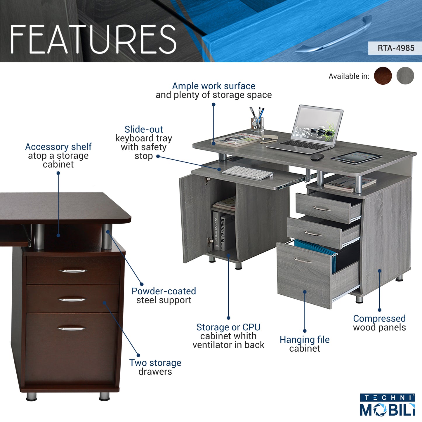 Chocolate Computer Desk with Efficient Storage and Enhanced Functionality