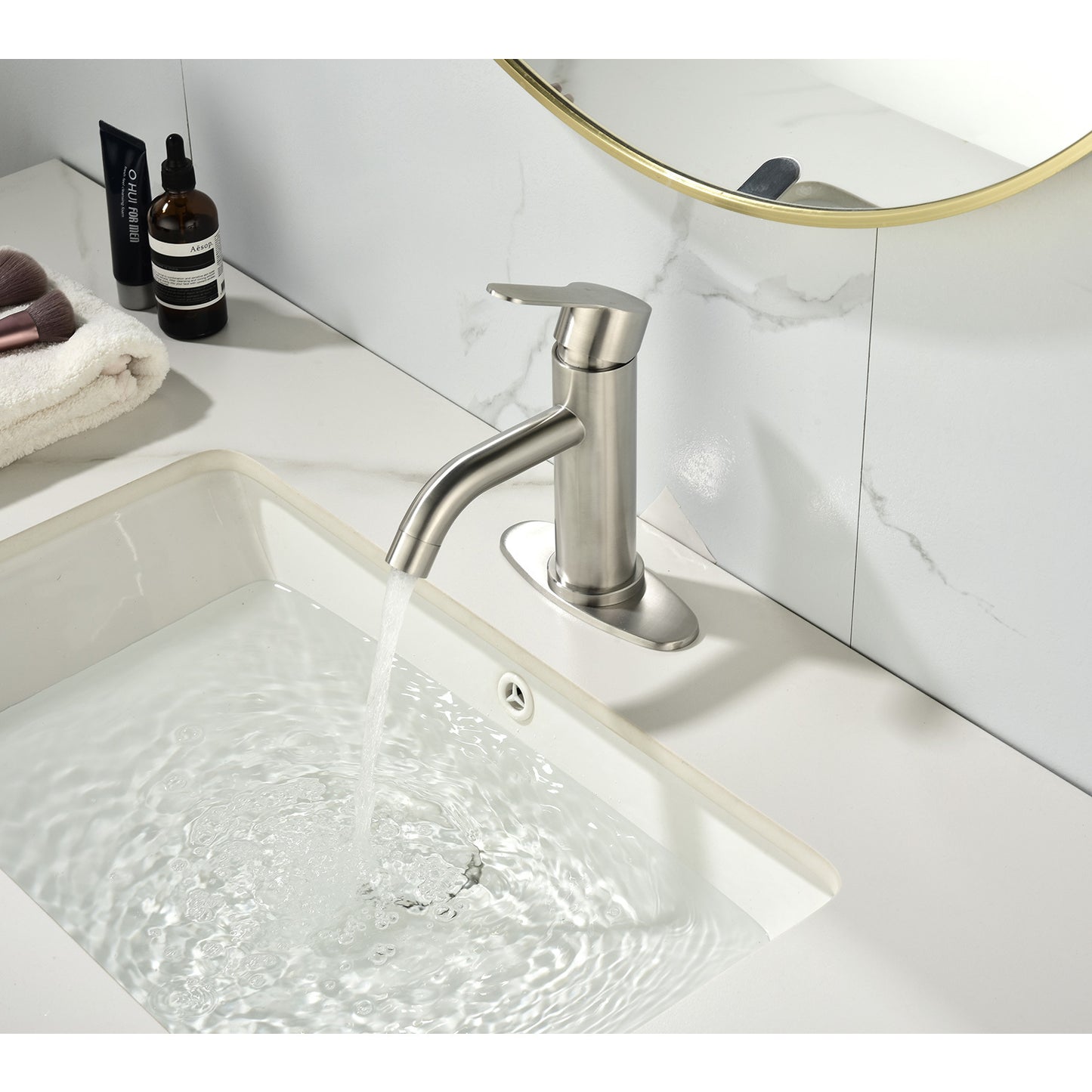 Waterfall Spout Single Handle Brushed Nickel Bathroom Faucet