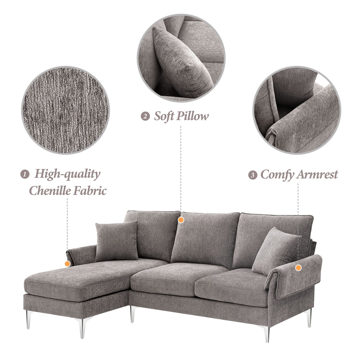 Contemporary Chenille L-Shaped Sectional Sofa with Reversible Chaise and Pillows