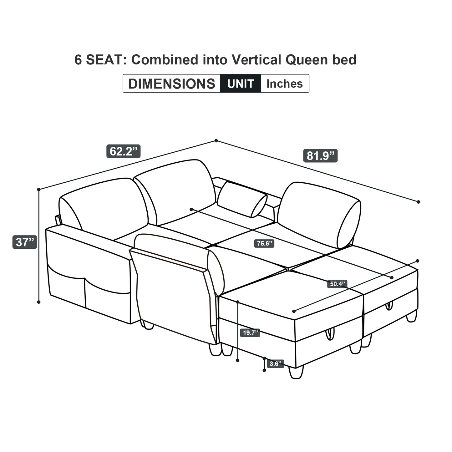 Sectional Modular Sofa Couch, 6 Storage Seat Convertible Sofa Bed Set for Living Room, Navy Blue Corduroy Velvet