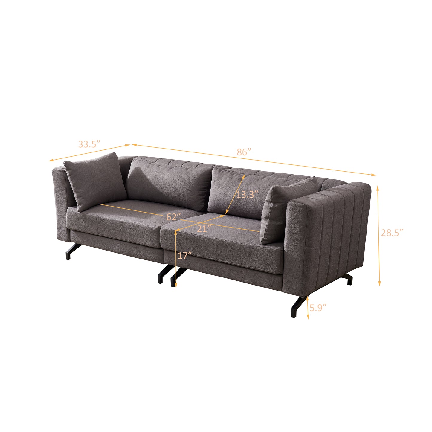 Living  Room  Sofa Couch with Metal Legs Grey Fabric