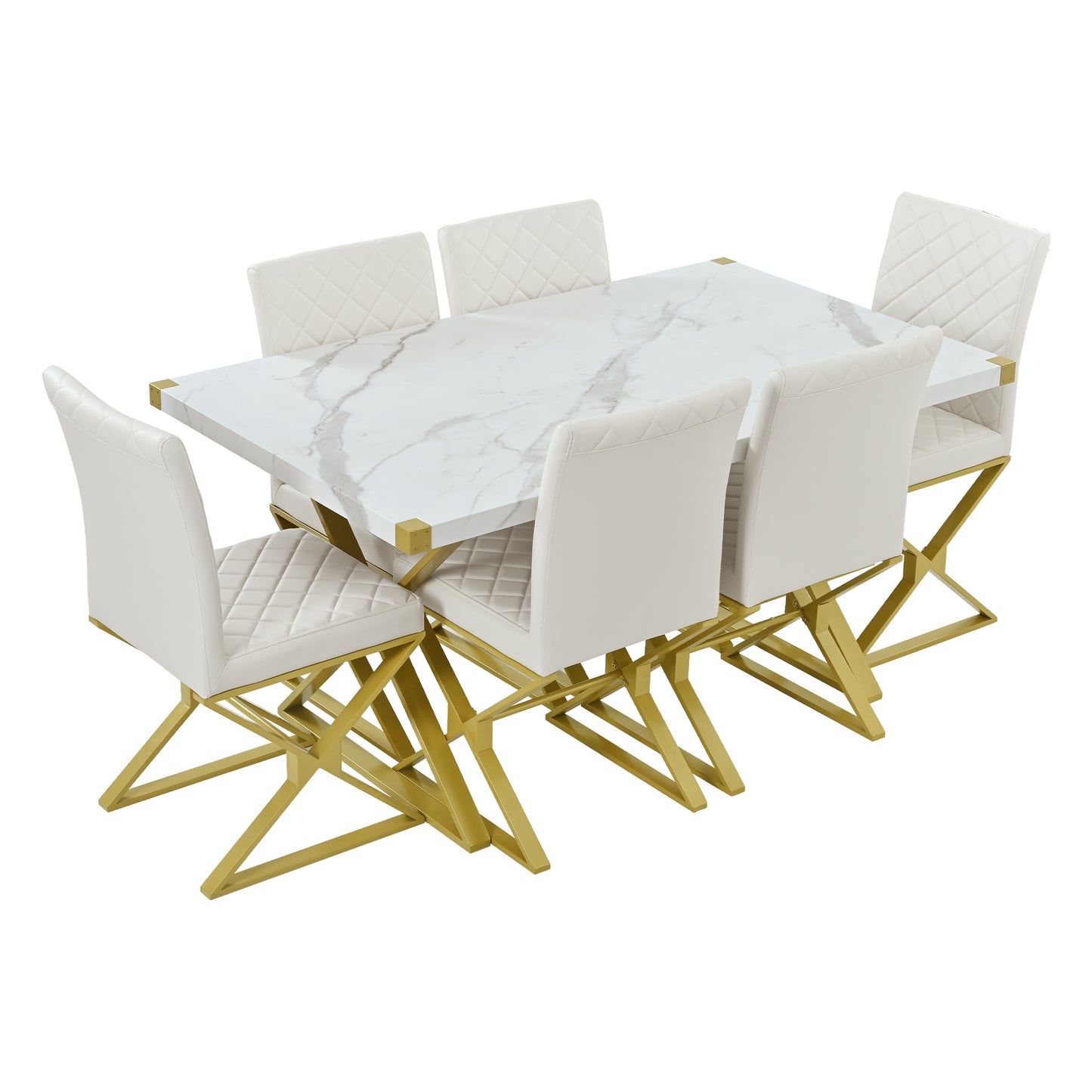 TREXM 7-Piece Modern Dining Table Set, Rectangular Marble Texture Kitchen Table and 6 PU leather Chairs with X-Shaped Gold Steel Pipe Legs for Dining Room (White)