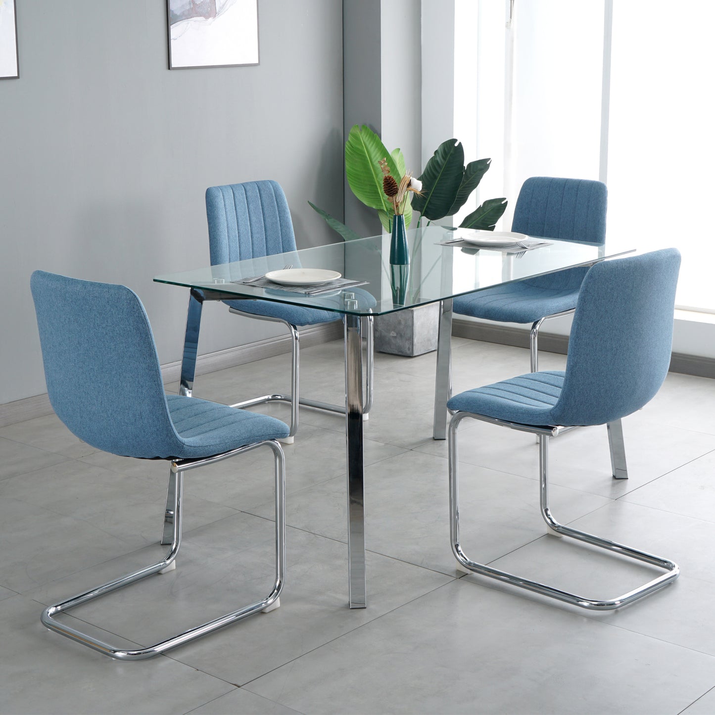 Dining furniture 51.1" Table with four chairs,0.3" Clear tempered glass with chrome metal legs,fabric chair with chrome metal legs.