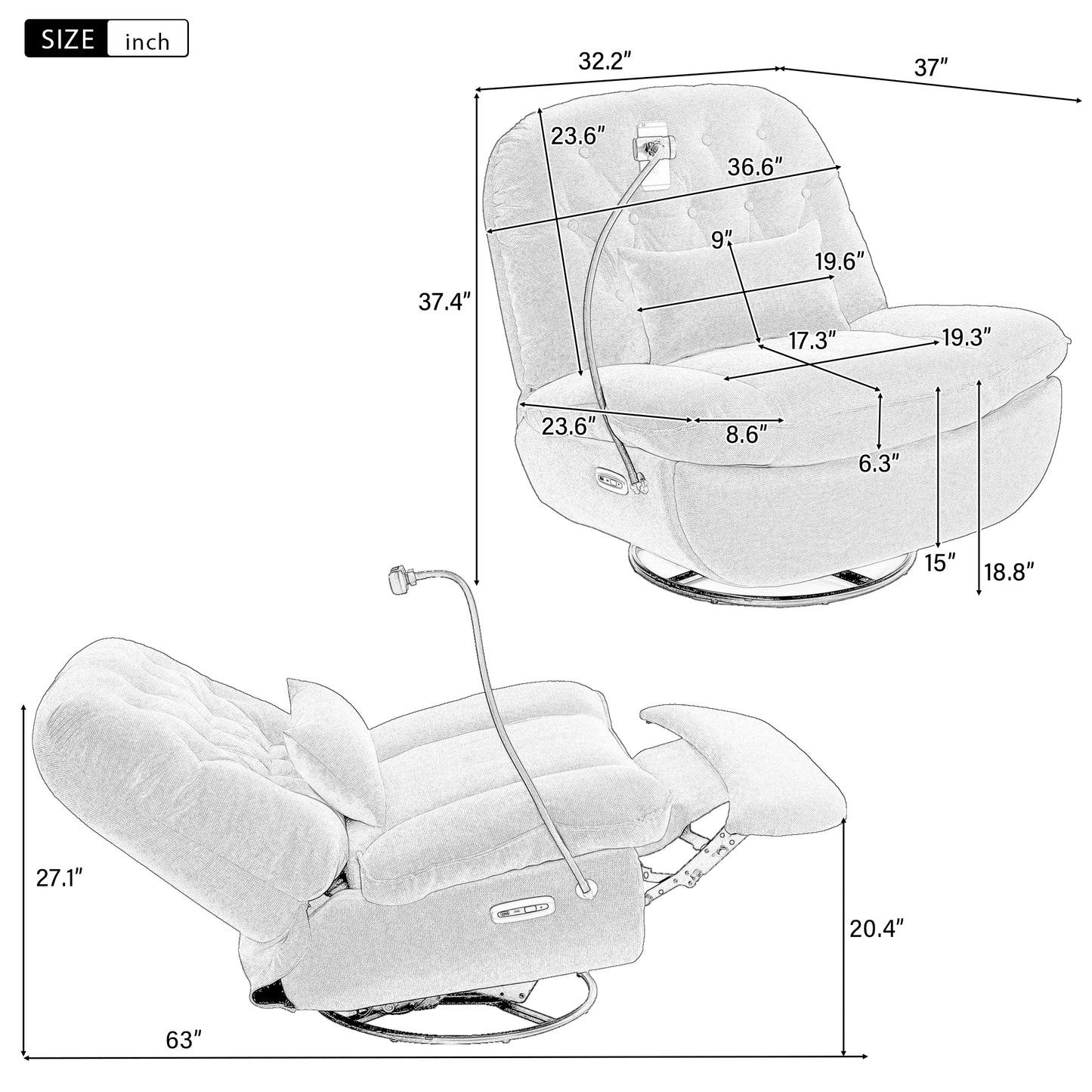 Smart Beige Power Recliner with Swivel, Voice Control, Bluetooth, USB Ports, Atmosphere Lamp, and Mobile Phone Holder