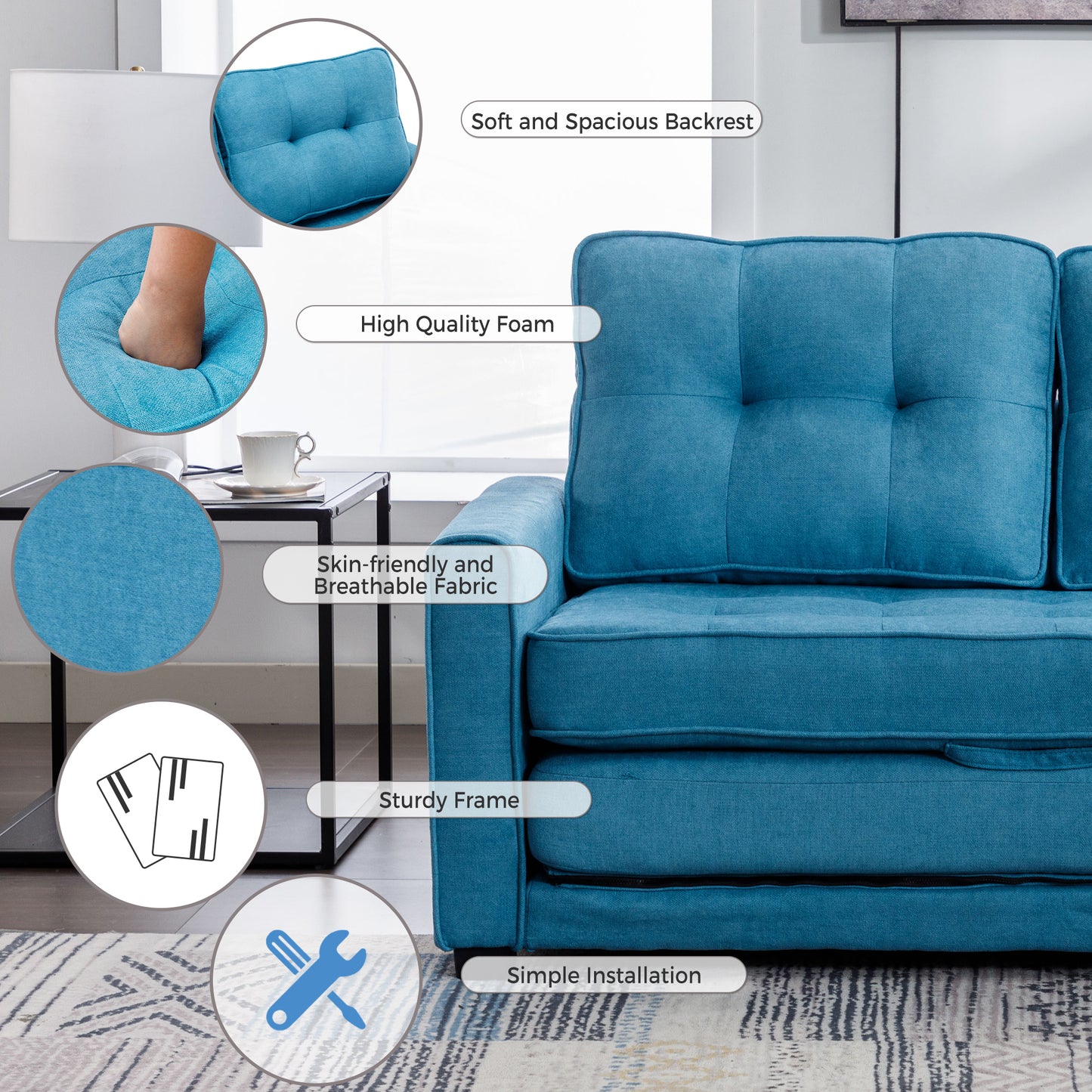 Modern Blue Loveseat Sofa with Pull-Out Bed and Storage Pockets