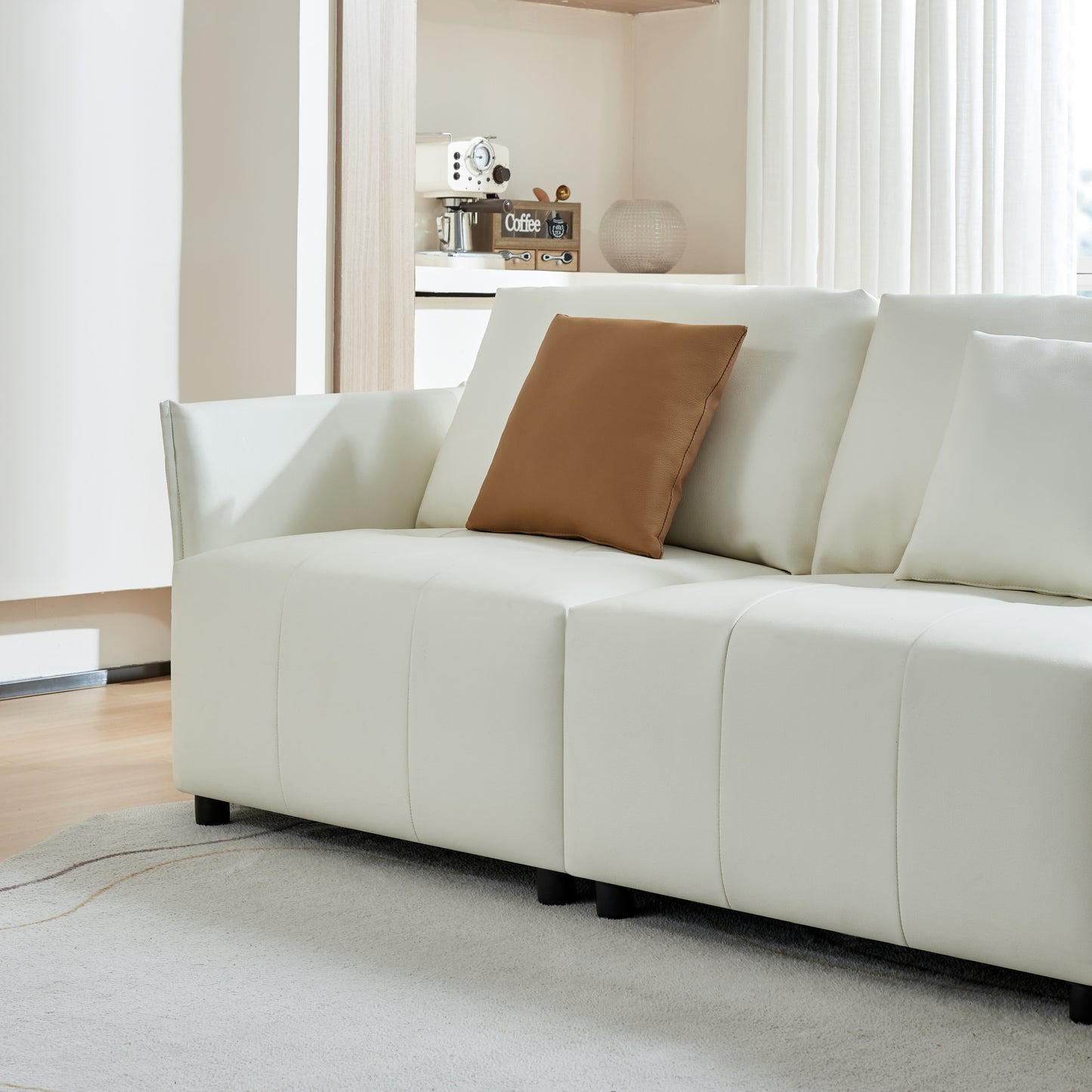 Modern Beige Leather Sectional Sofa with Chaise Lounge and Movable Pillows